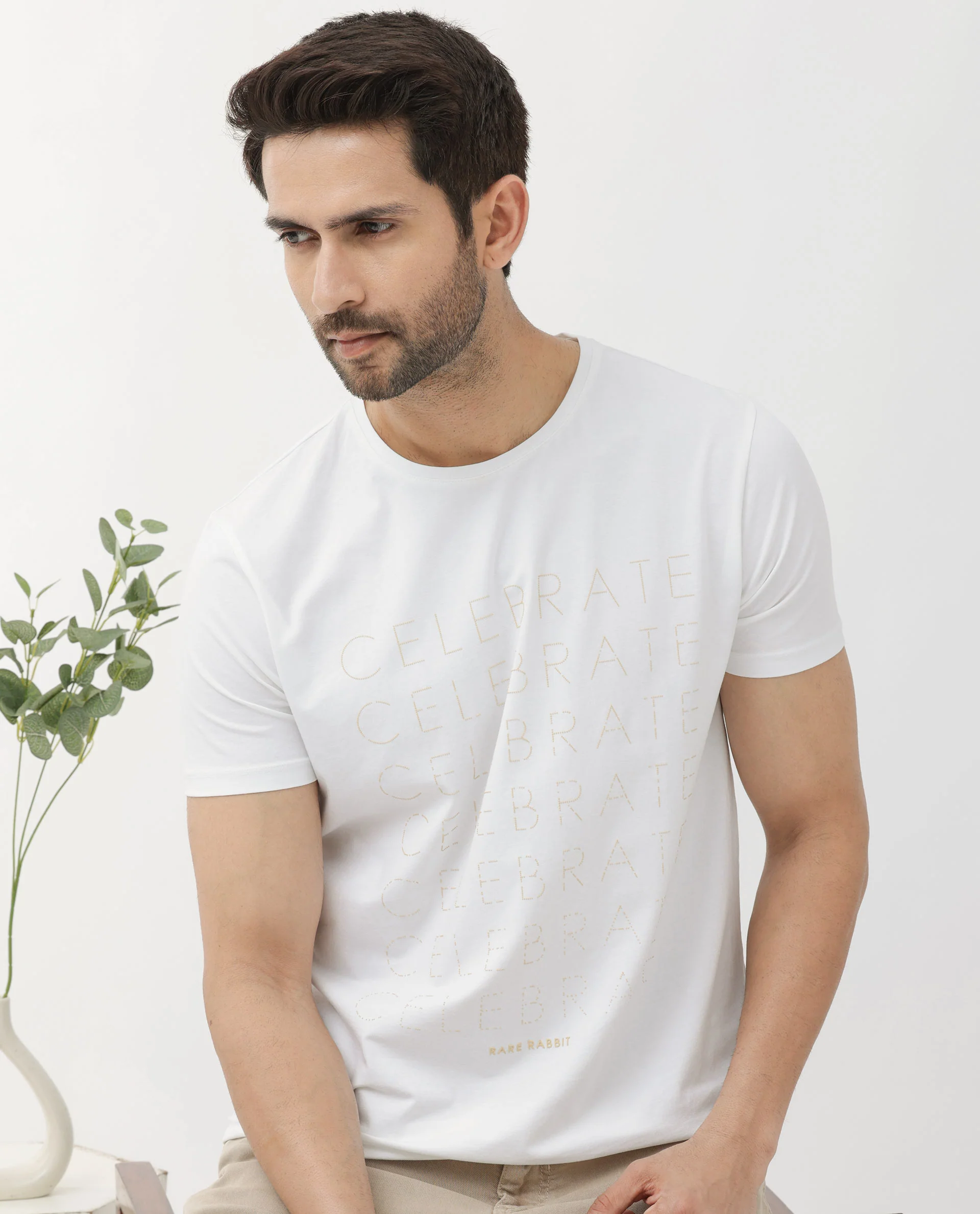 Rare Rabbit Articale Men's Celebrate-1 White Crew Neck Regular Fit Knit Typography Print T-Shirt - Image 10