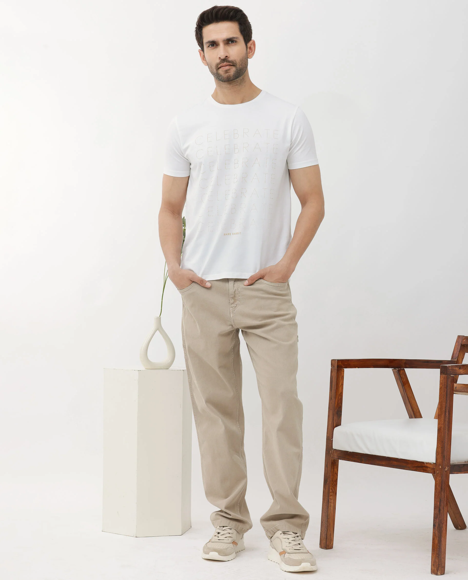 Rare Rabbit Articale Men's Celebrate-1 White Crew Neck Regular Fit Knit Typography Print T-Shirt - Image 2