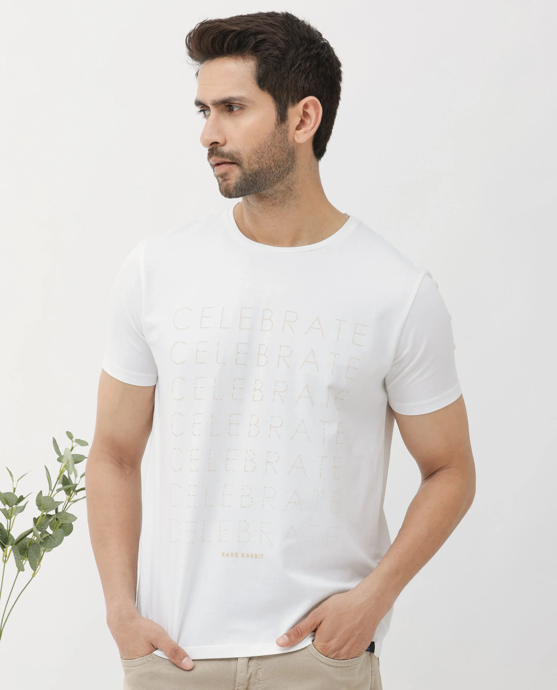 Rare Rabbit Articale Men's Celebrate-1 White Crew Neck Regular Fit Knit Typography Print T-Shirt - Image 3