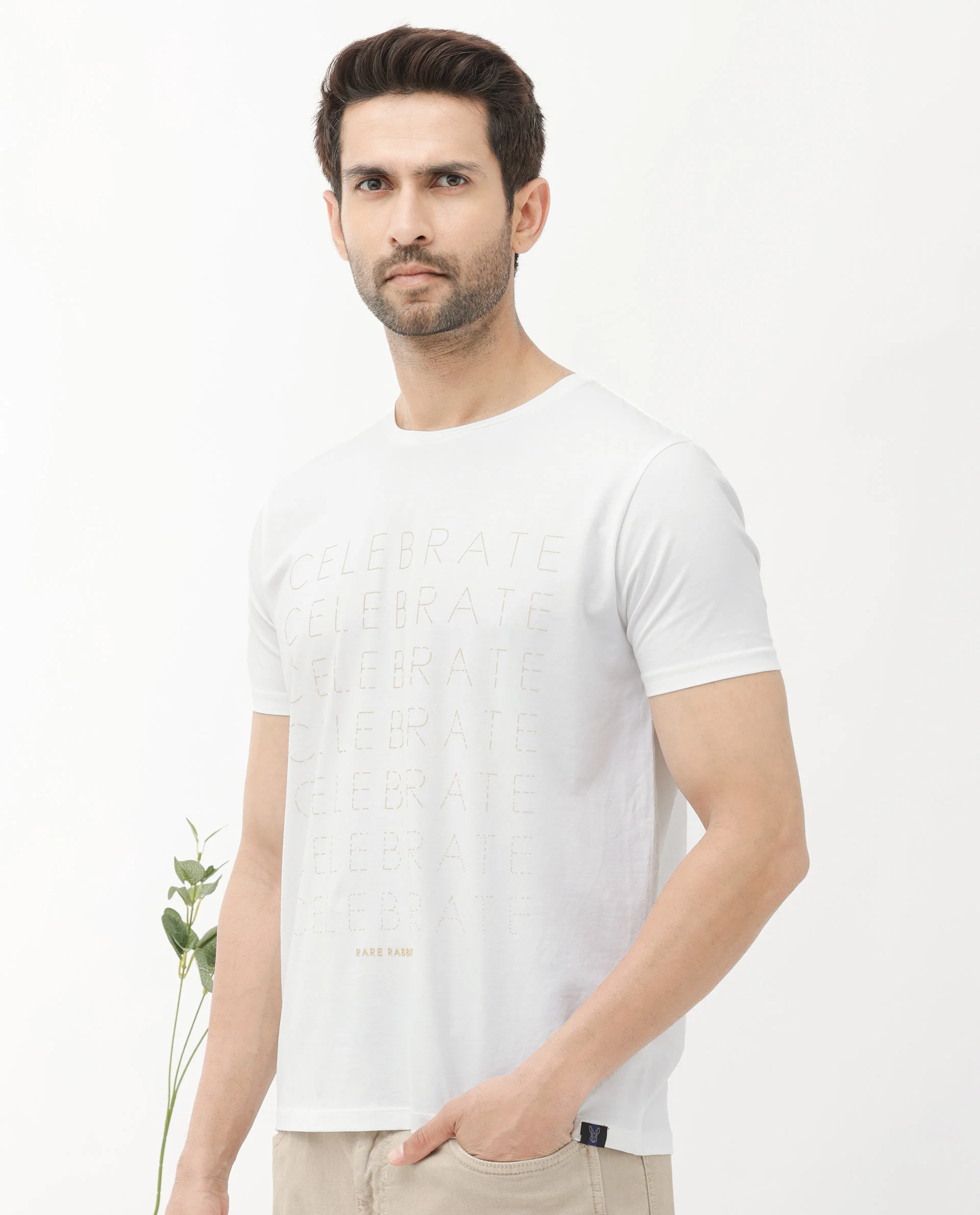 Rare Rabbit Articale Men's Celebrate-1 White Crew Neck Regular Fit Knit Typography Print T-Shirt - Image 6