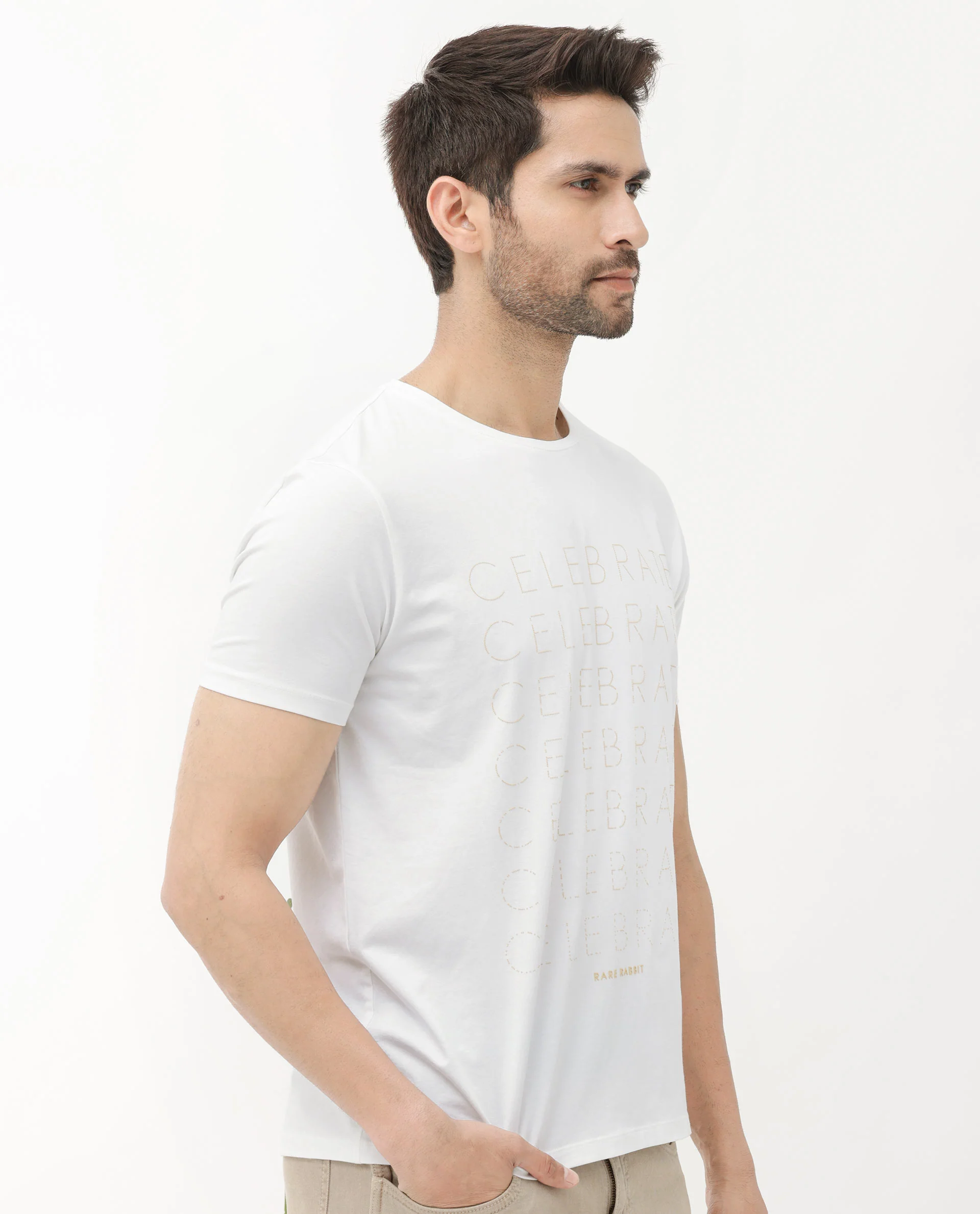 Rare Rabbit Articale Men's Celebrate-1 White Crew Neck Regular Fit Knit Typography Print T-Shirt - Image 7