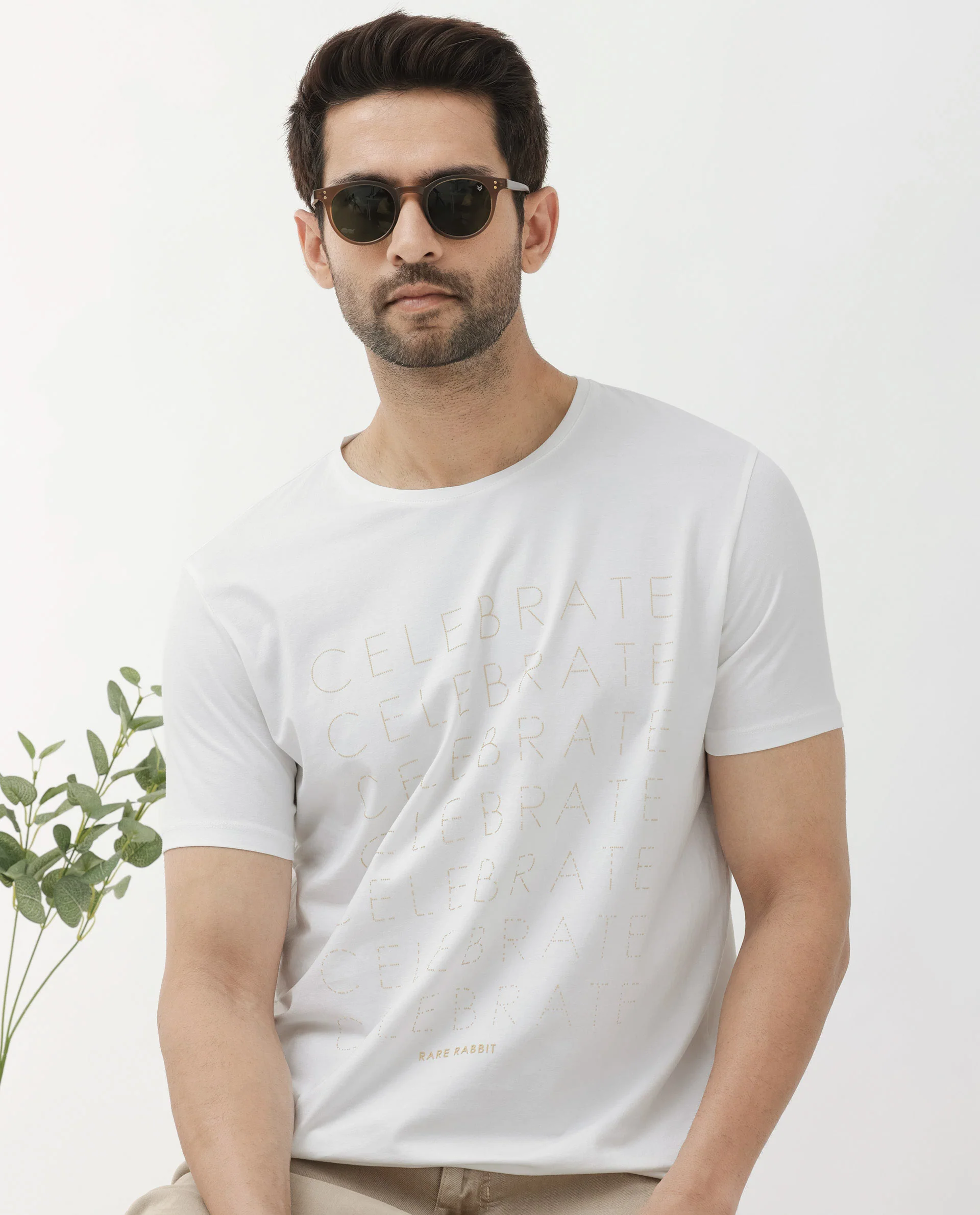 Rare Rabbit Articale Men's Celebrate-1 White Crew Neck Regular Fit Knit Typography Print T-Shirt - Image 8