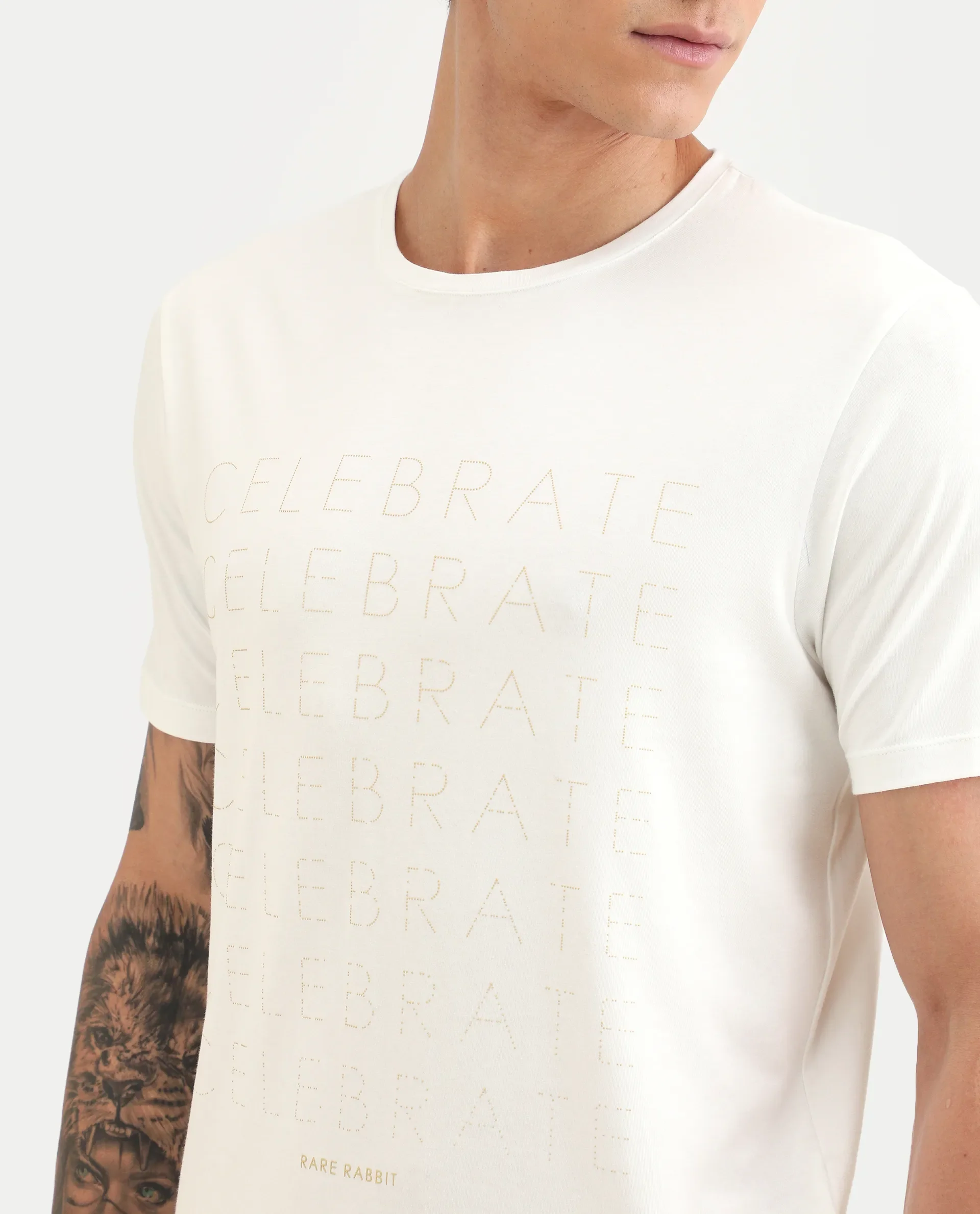 Rare Rabbit Men's Celebrate-S26 White Cotton Blend Fabric Half Sleeve Crew Neck Regular Fit Graphic Print T-Shirt - Image 3