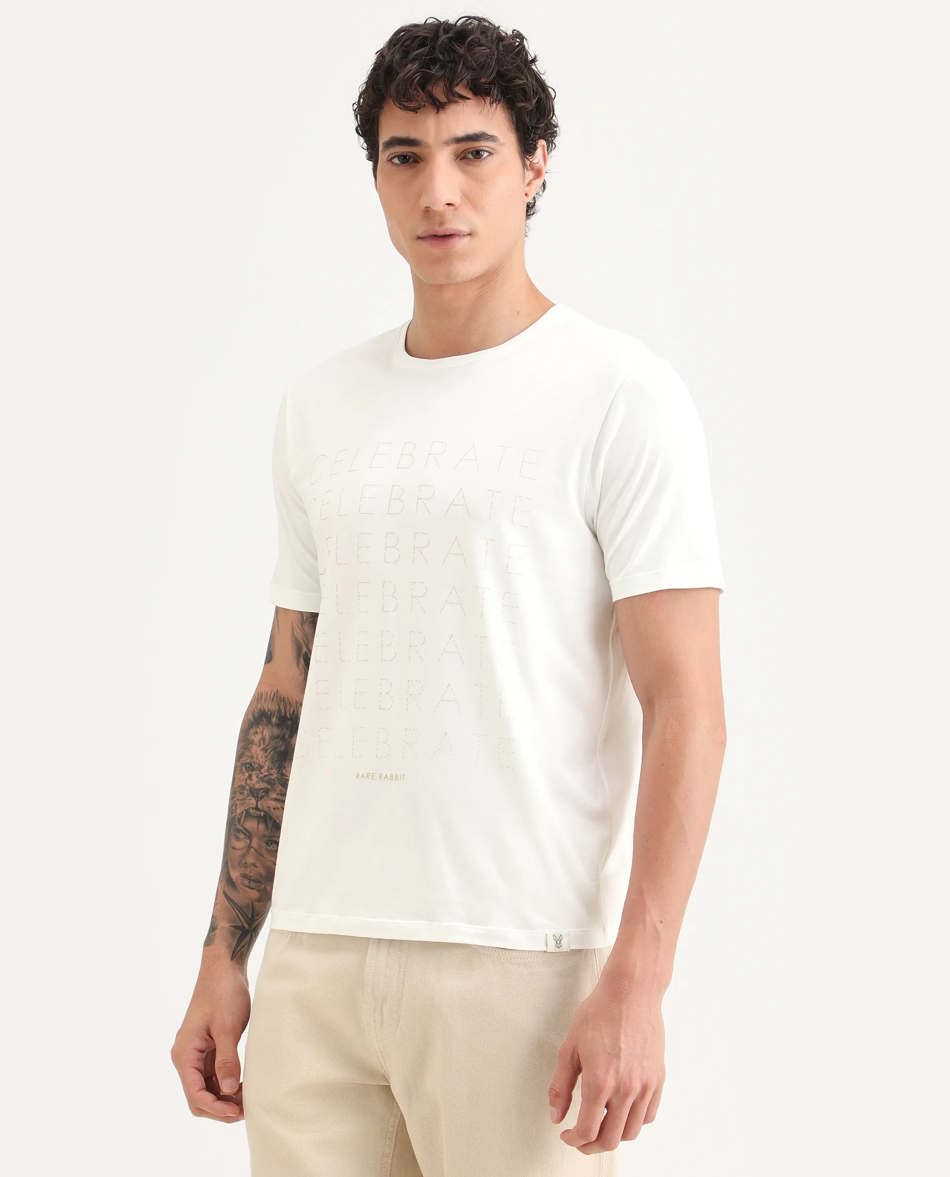 Rare Rabbit Men's Celebrate-S26 White Cotton Blend Fabric Half Sleeve Crew Neck Regular Fit Graphic Print T-Shirt - Image 4
