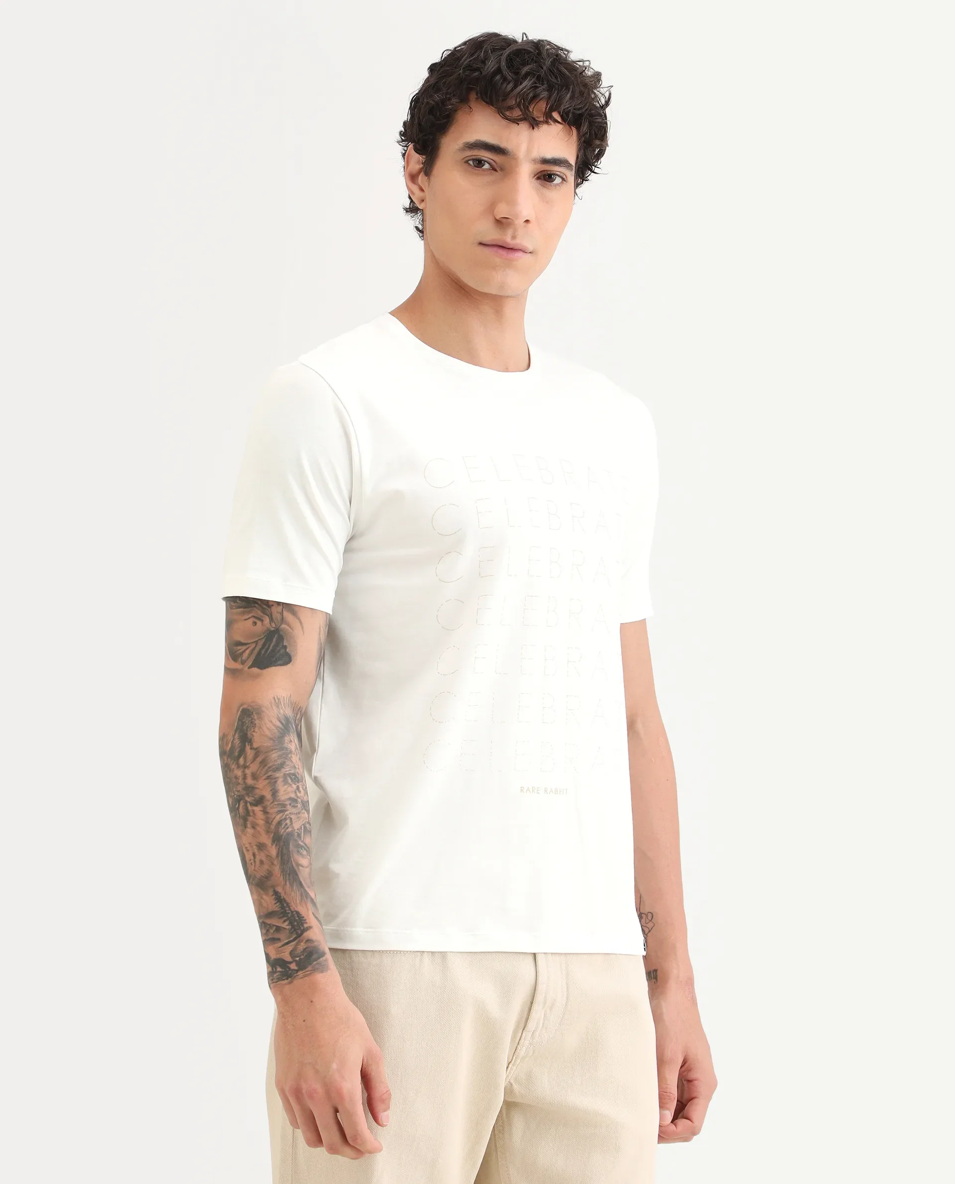 Rare Rabbit Men's Celebrate-S26 White Cotton Blend Fabric Half Sleeve Crew Neck Regular Fit Graphic Print T-Shirt - Image 5