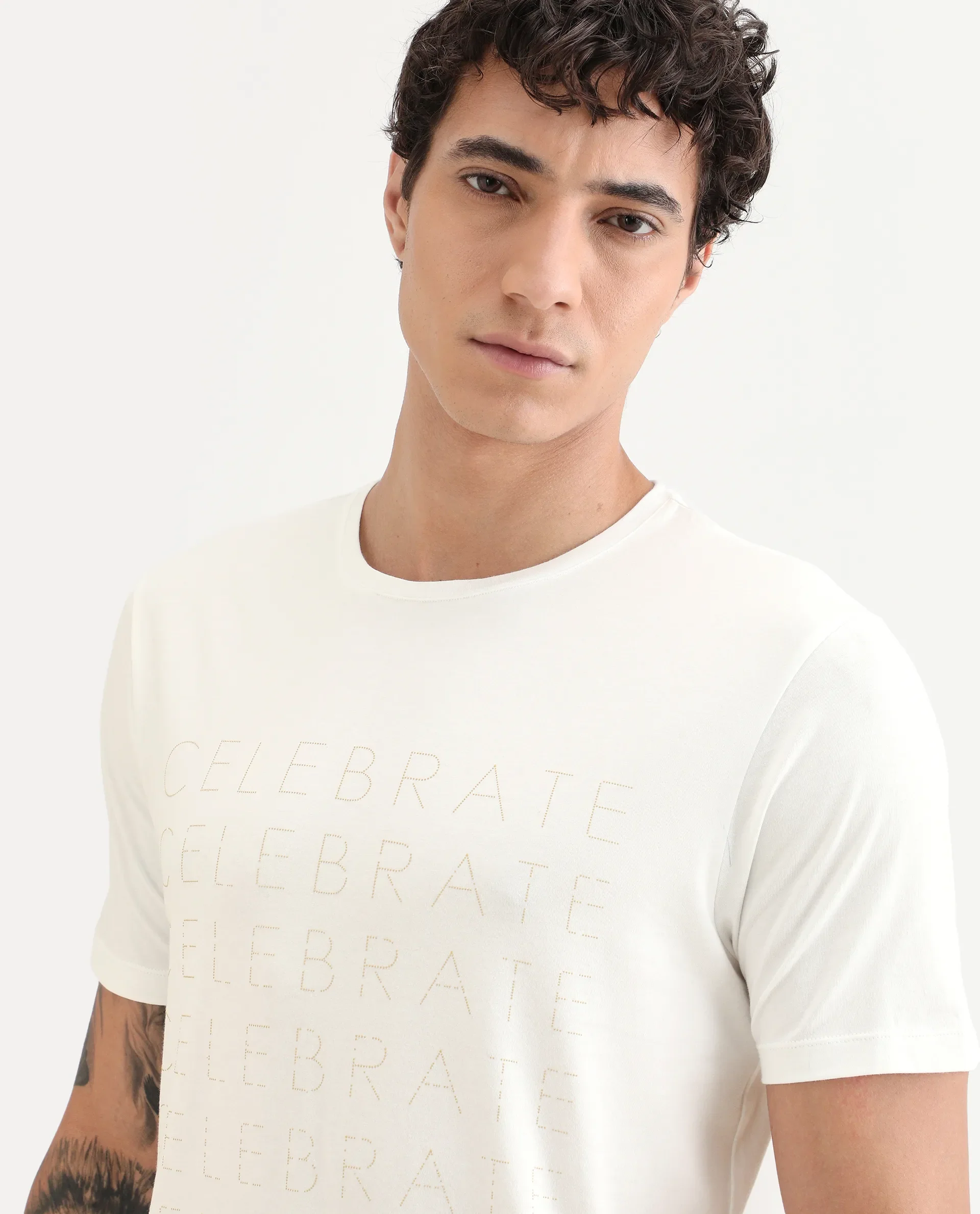 Rare Rabbit Men's Celebrate-S26 White Cotton Blend Fabric Half Sleeve Crew Neck Regular Fit Graphic Print T-Shirt - Image 6