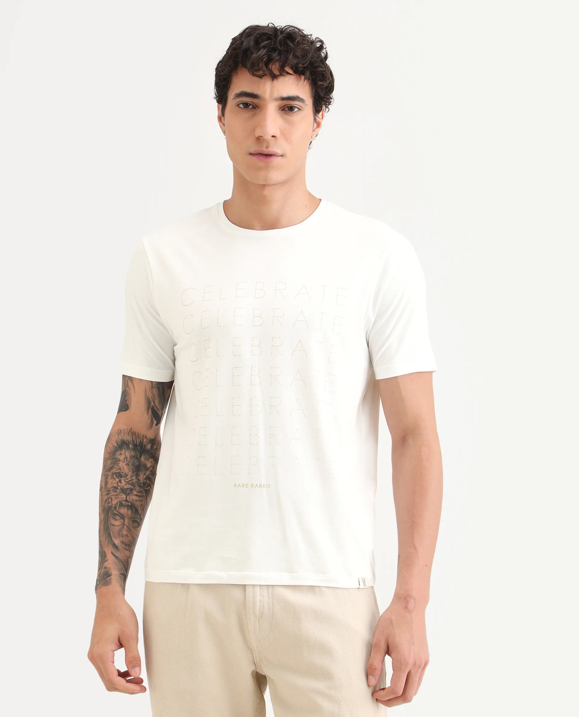 Rare Rabbit Men's Celebrate-S26 White Cotton Blend Fabric Half Sleeve Crew Neck Regular Fit Graphic Print T-Shirt - Image 7