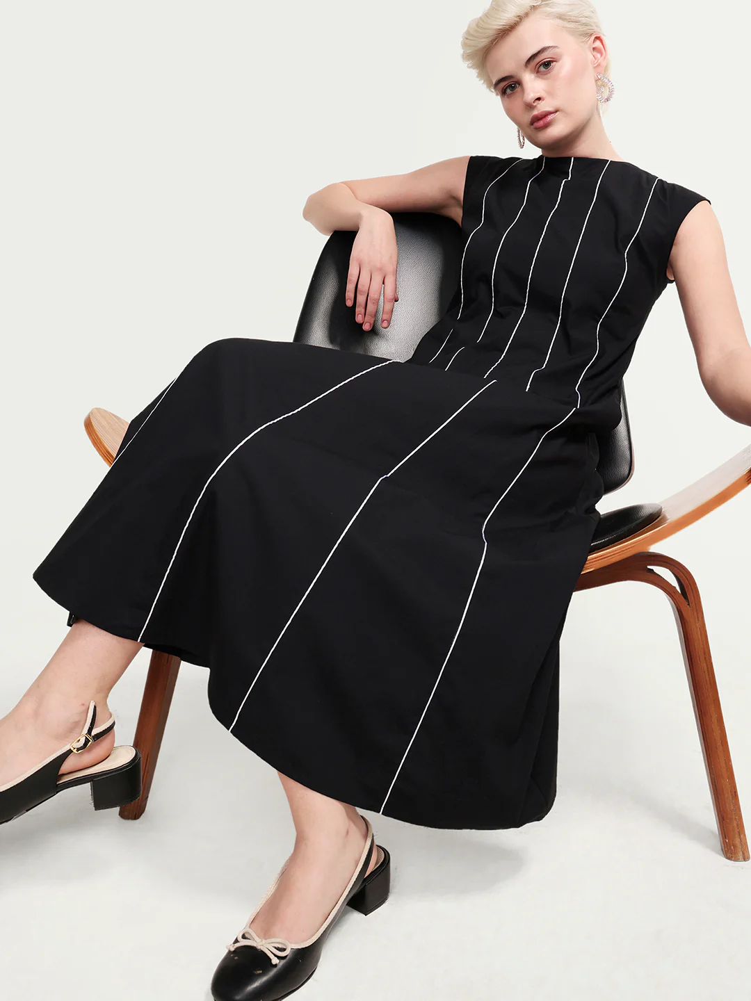Rareism Women's Celia Black Cotton Sleeveless A-Line Plain Dress