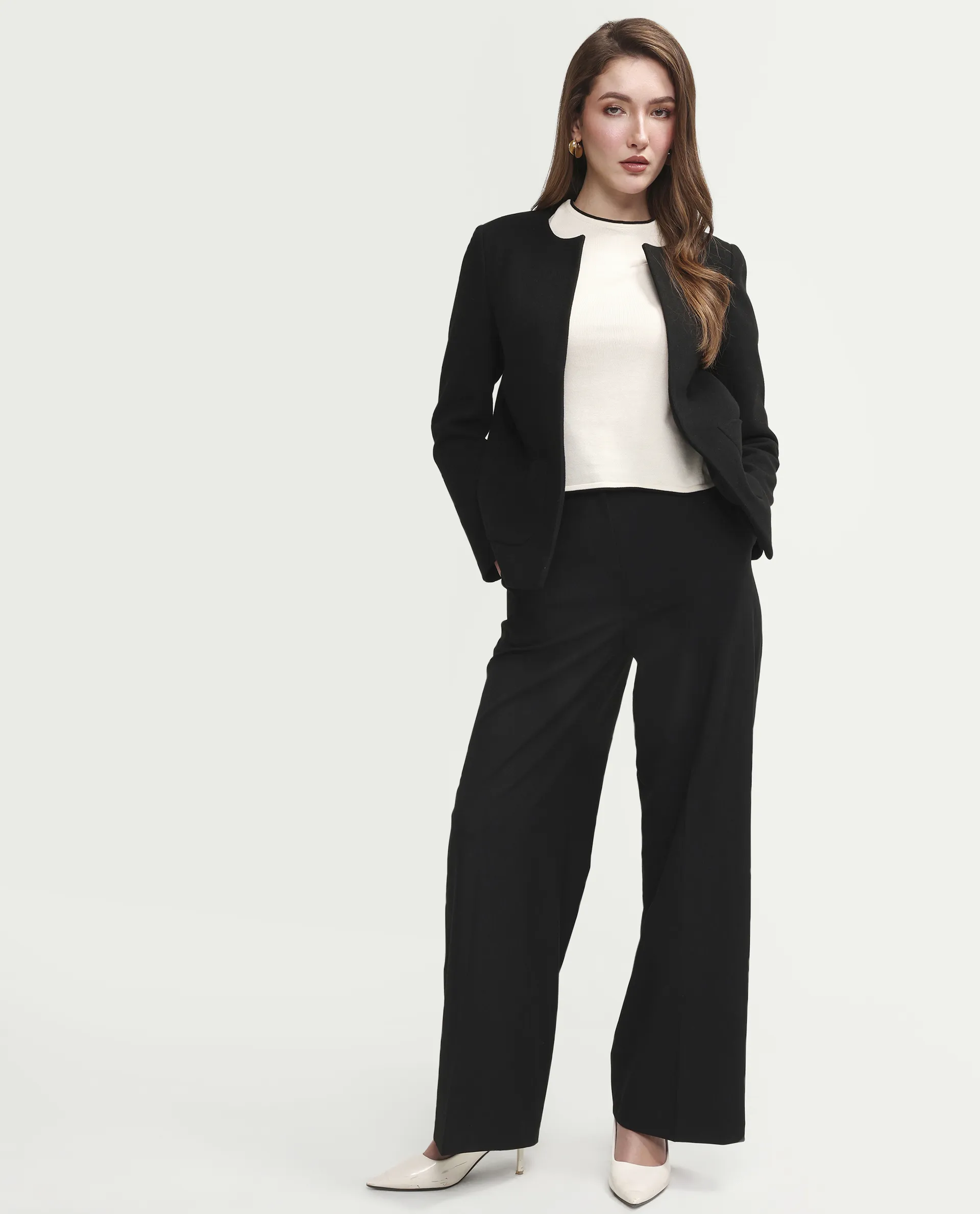 Rareism Women's Celina-B Black Polyester Blend Wide Plain Trouser