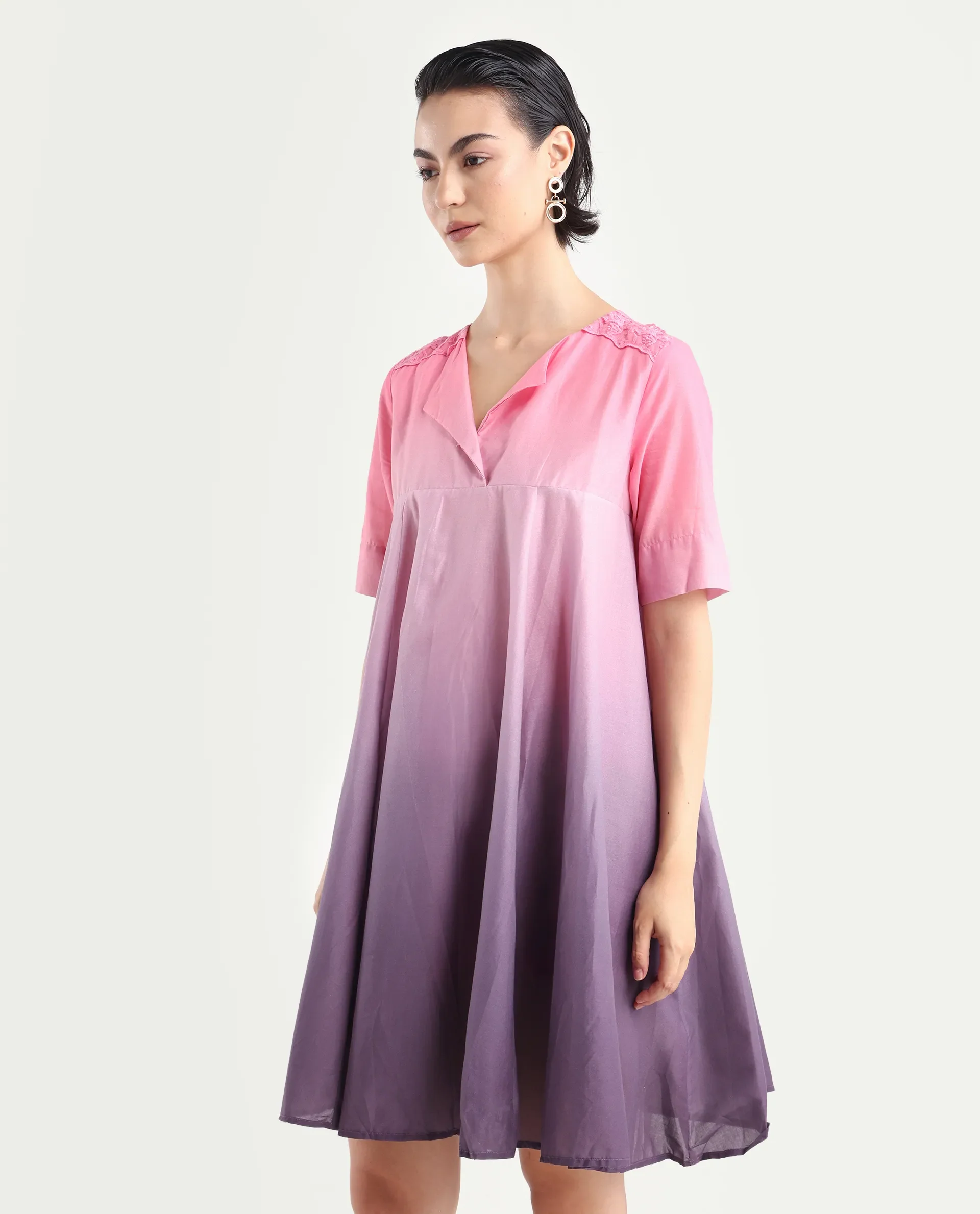 Rareism Women's Celine Multi Cotton Overlap Neck Ombre Knee Length Flared Dress