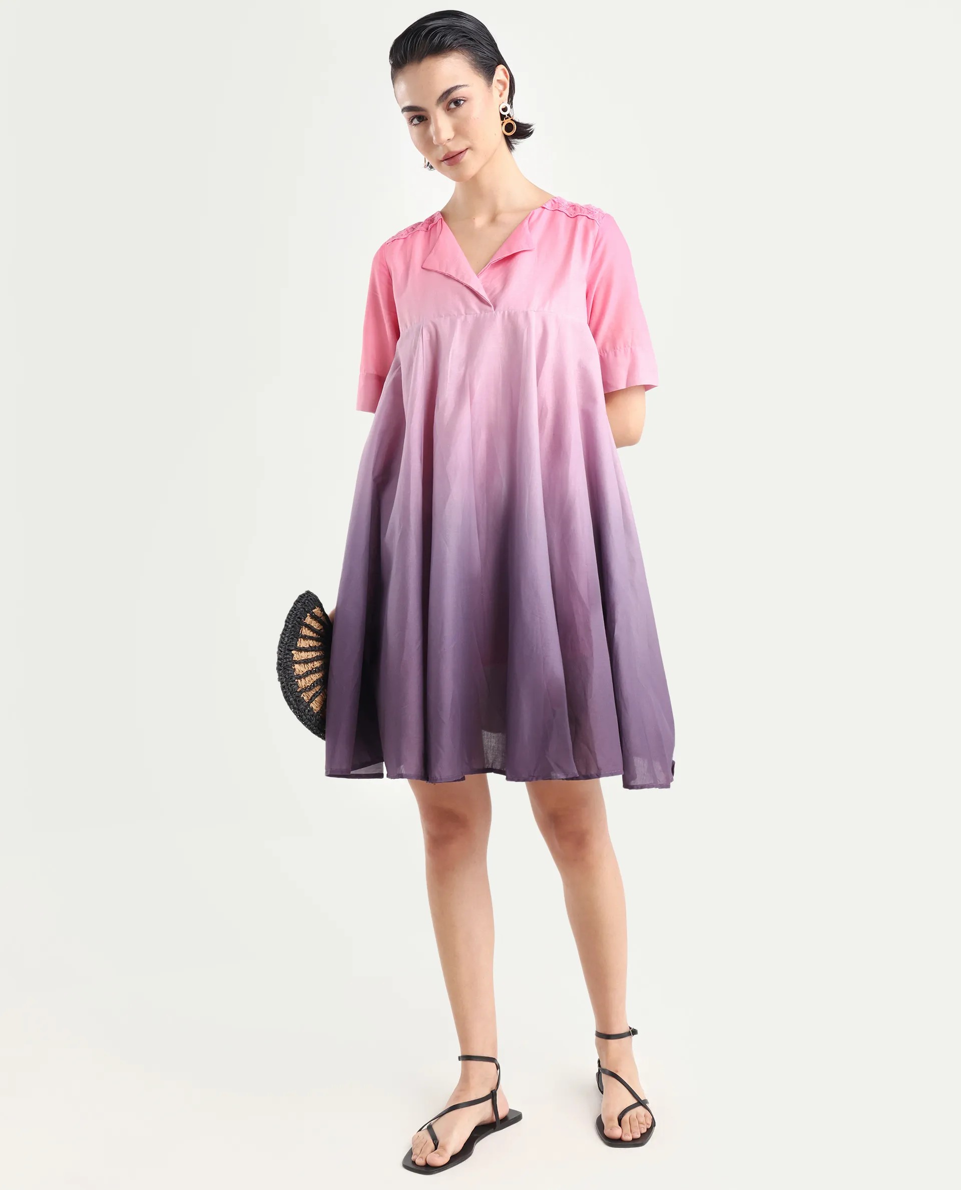 Rareism Women's Celine Multi Cotton Overlap Neck Ombre Knee Length Flared Dress - Image 2