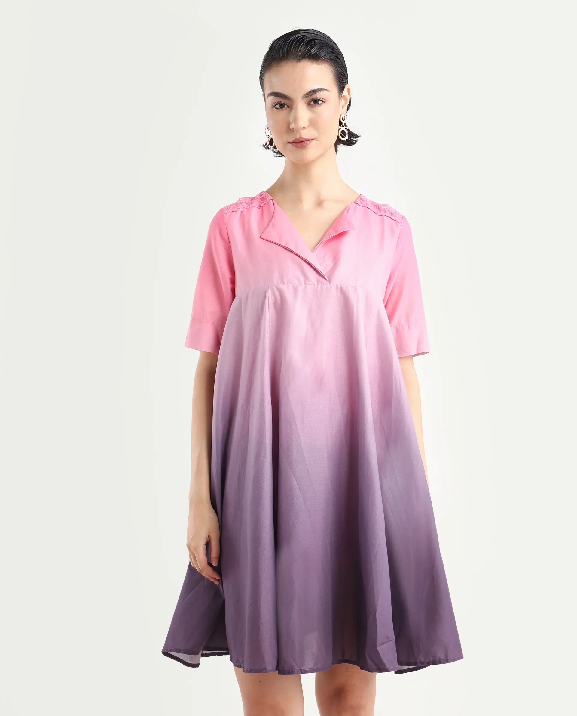 Rareism Women's Celine Multi Cotton Overlap Neck Ombre Knee Length Flared Dress - Image 3