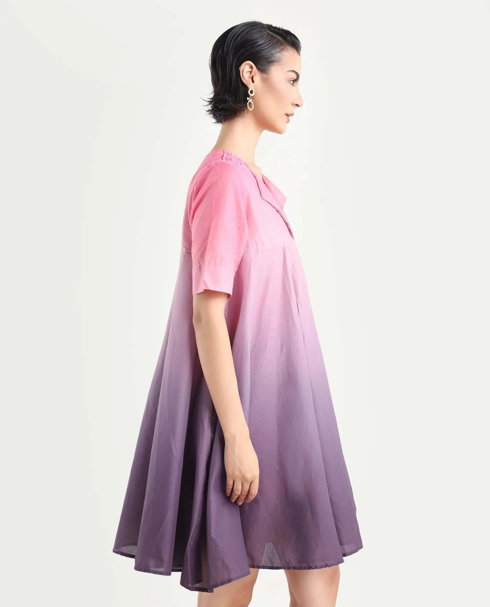 Rareism Women's Celine Multi Cotton Overlap Neck Ombre Knee Length Flared Dress - Image 6