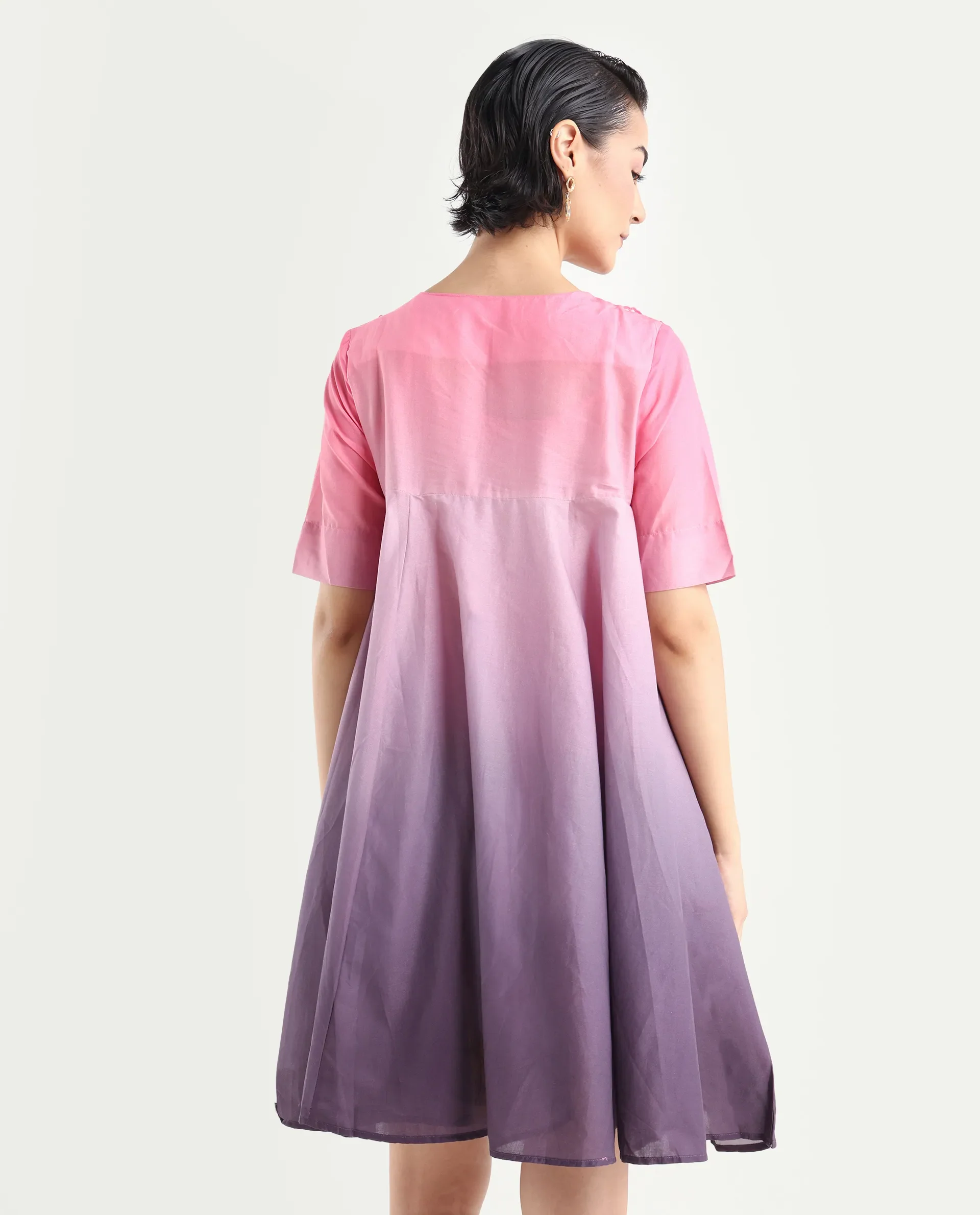 Rareism Women's Celine Multi Cotton Overlap Neck Ombre Knee Length Flared Dress - Image 7