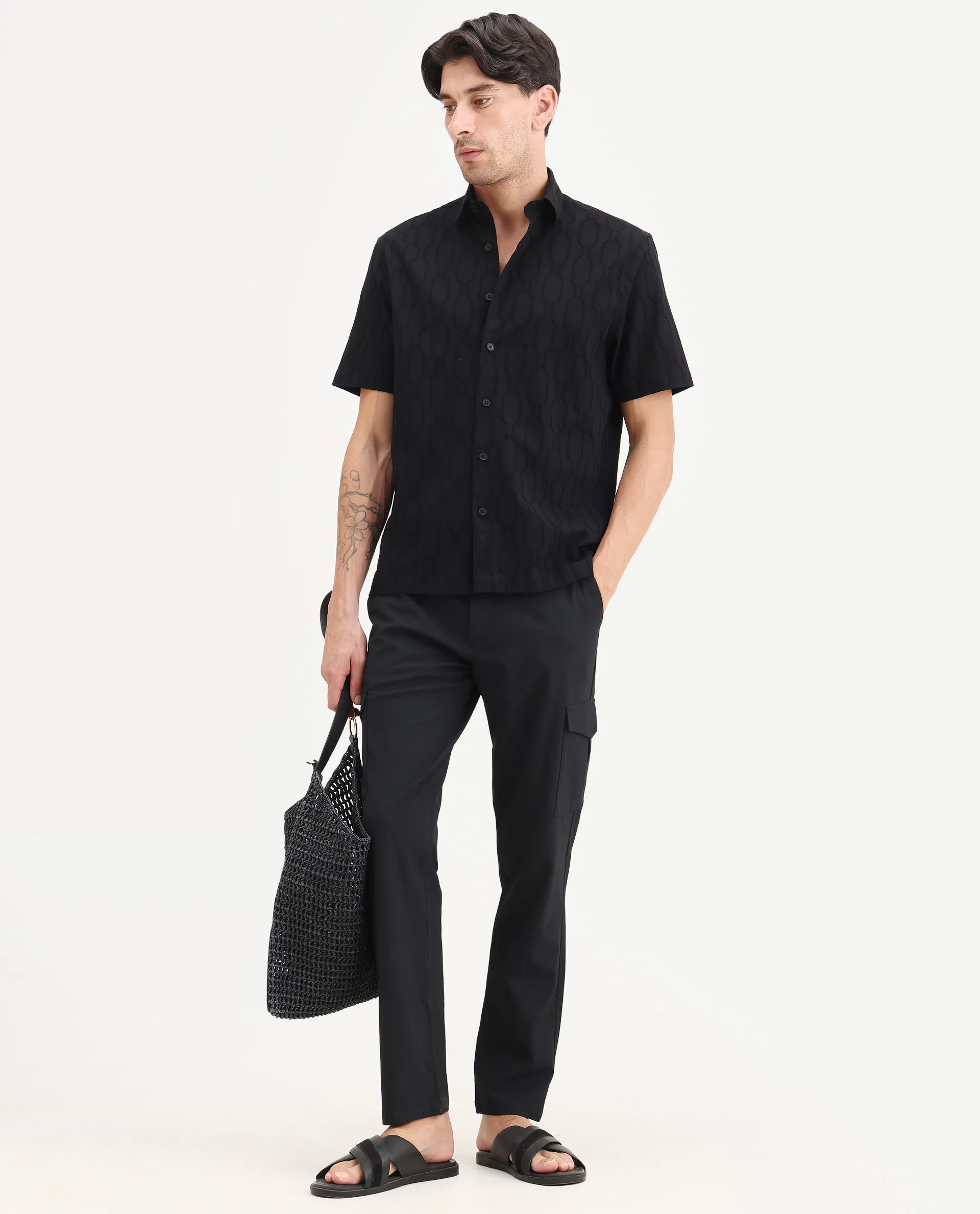 Rare Rabbit Men's Celle Black Cotton Blend Fabric Half Sleeve Spread Collar Regular Fit Shirt - Image 2