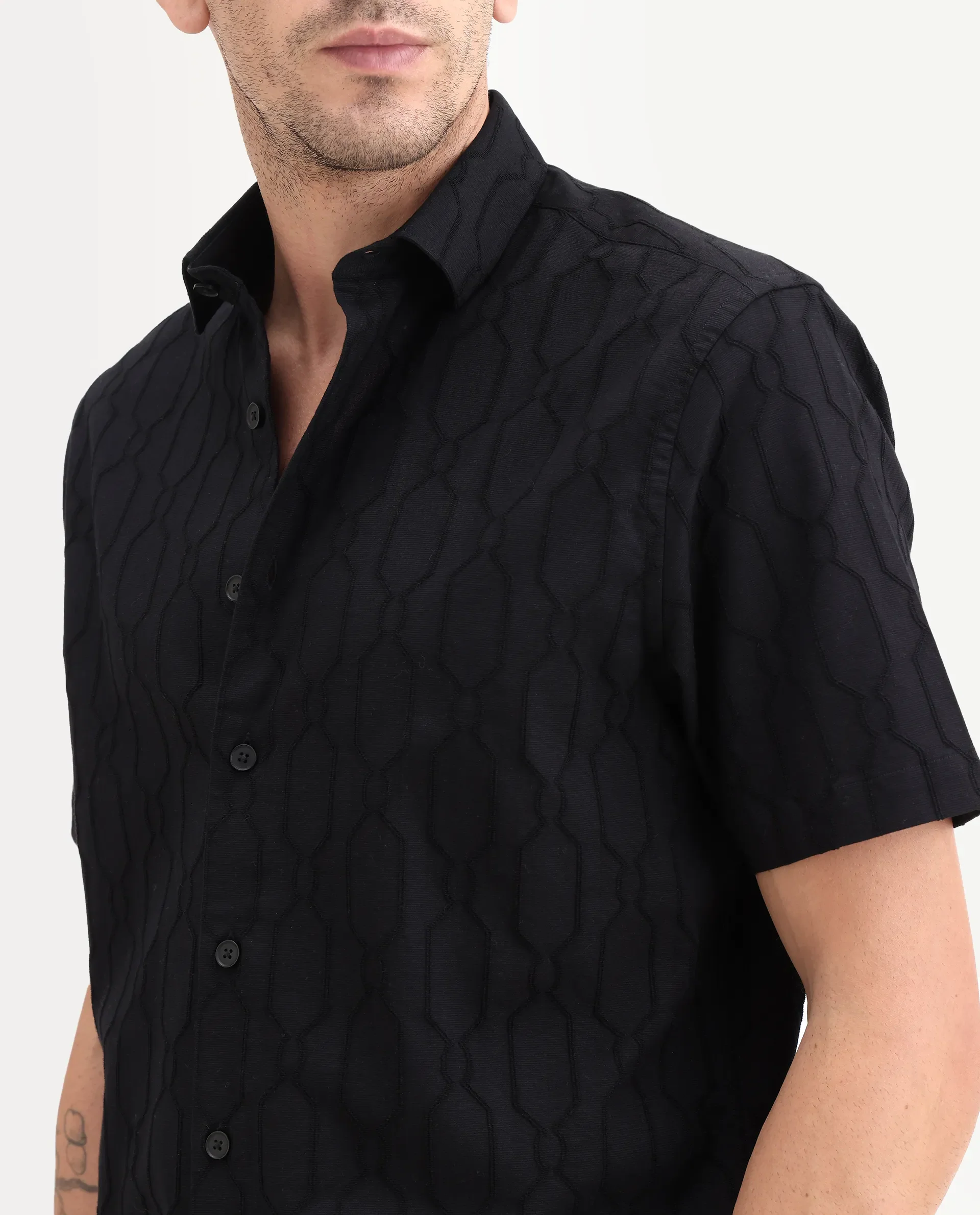 Rare Rabbit Men's Celle Black Cotton Blend Fabric Half Sleeve Spread Collar Regular Fit Shirt - Image 3