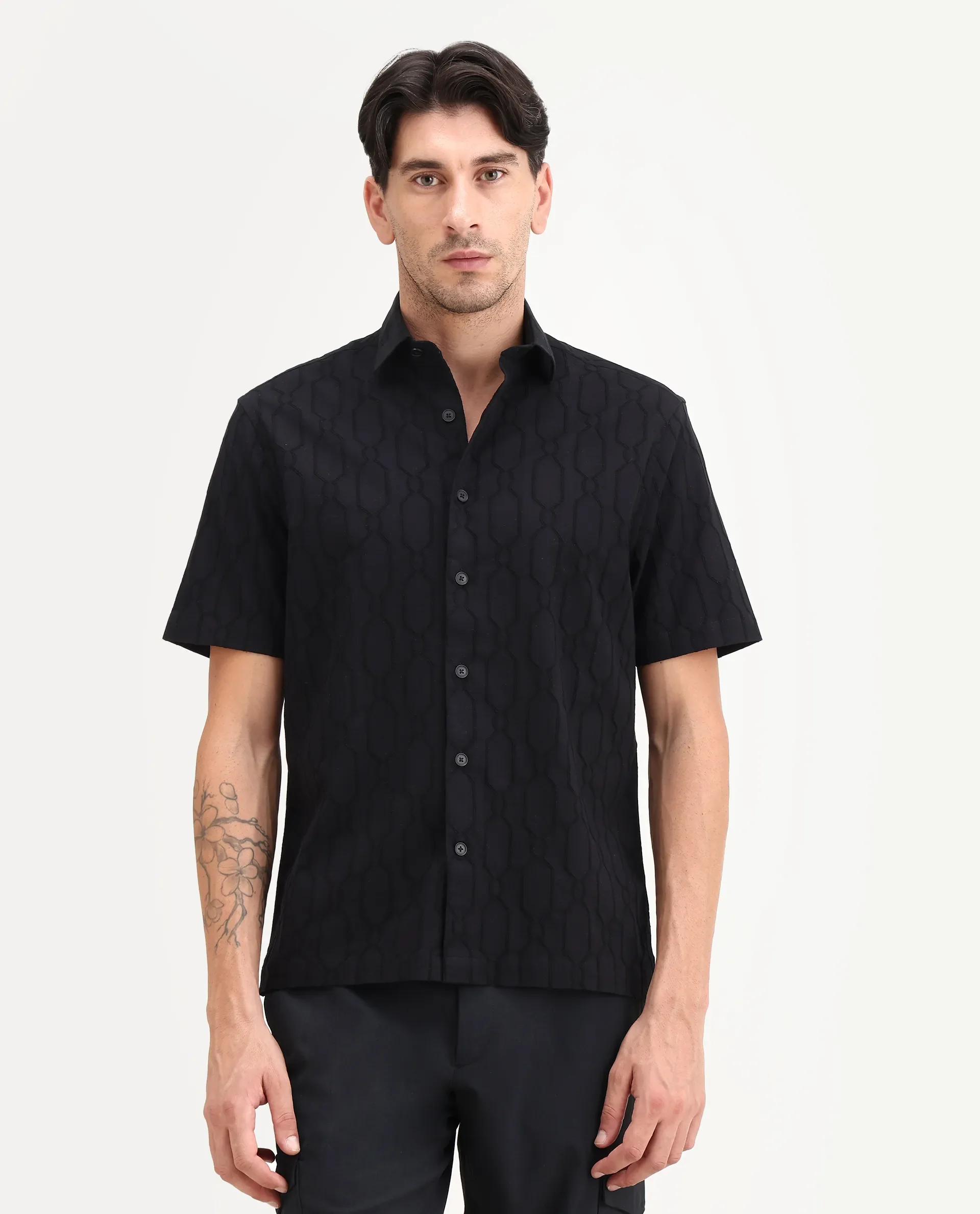 Rare Rabbit Men's Celle Black Cotton Blend Fabric Half Sleeve Spread Collar Regular Fit Shirt - Image 4