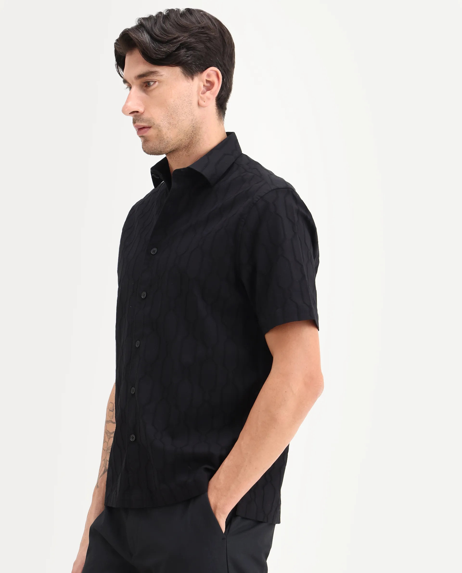 Rare Rabbit Men's Celle Black Cotton Blend Fabric Half Sleeve Spread Collar Regular Fit Shirt - Image 5