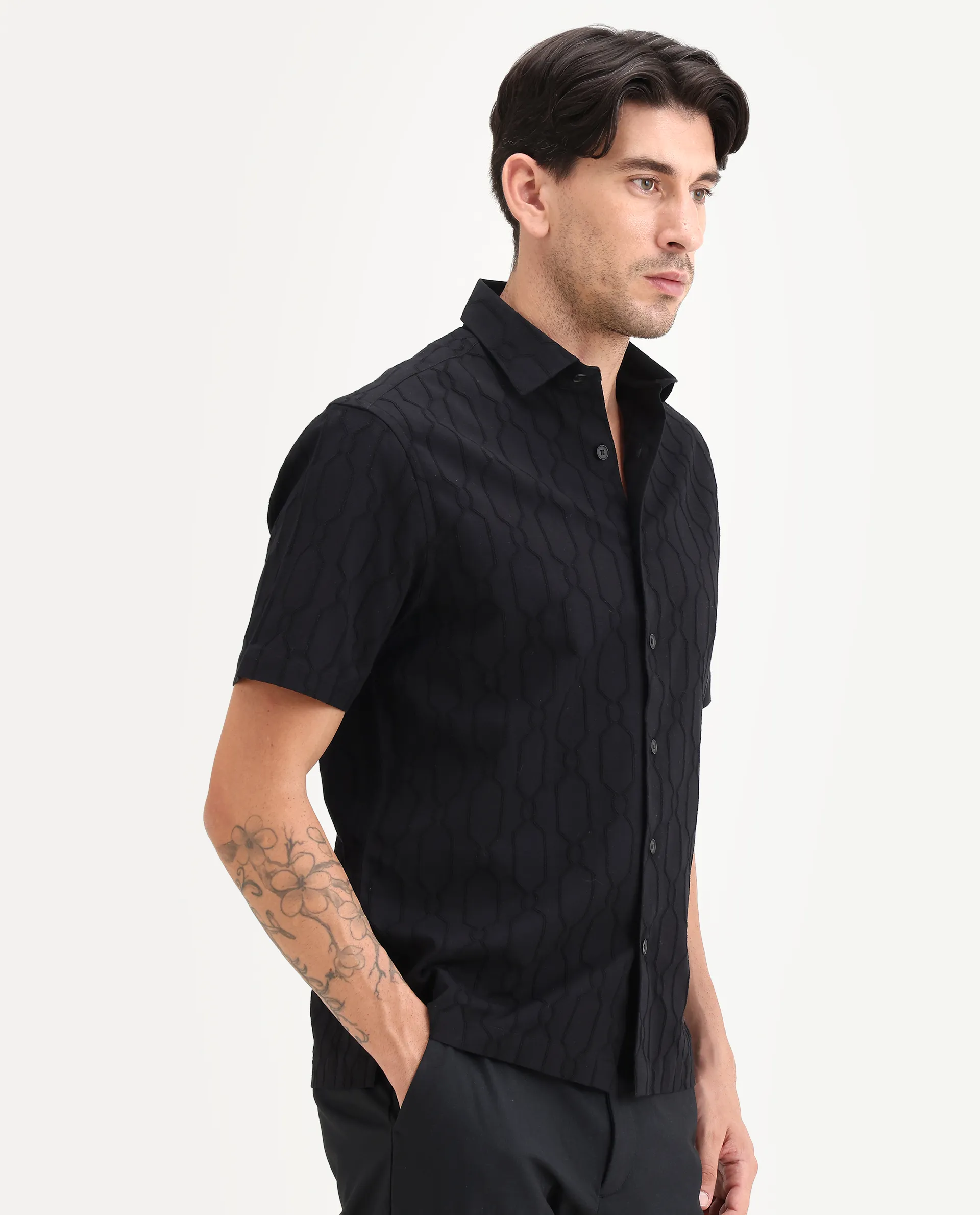 Rare Rabbit Men's Celle Black Cotton Blend Fabric Half Sleeve Spread Collar Regular Fit Shirt - Image 6