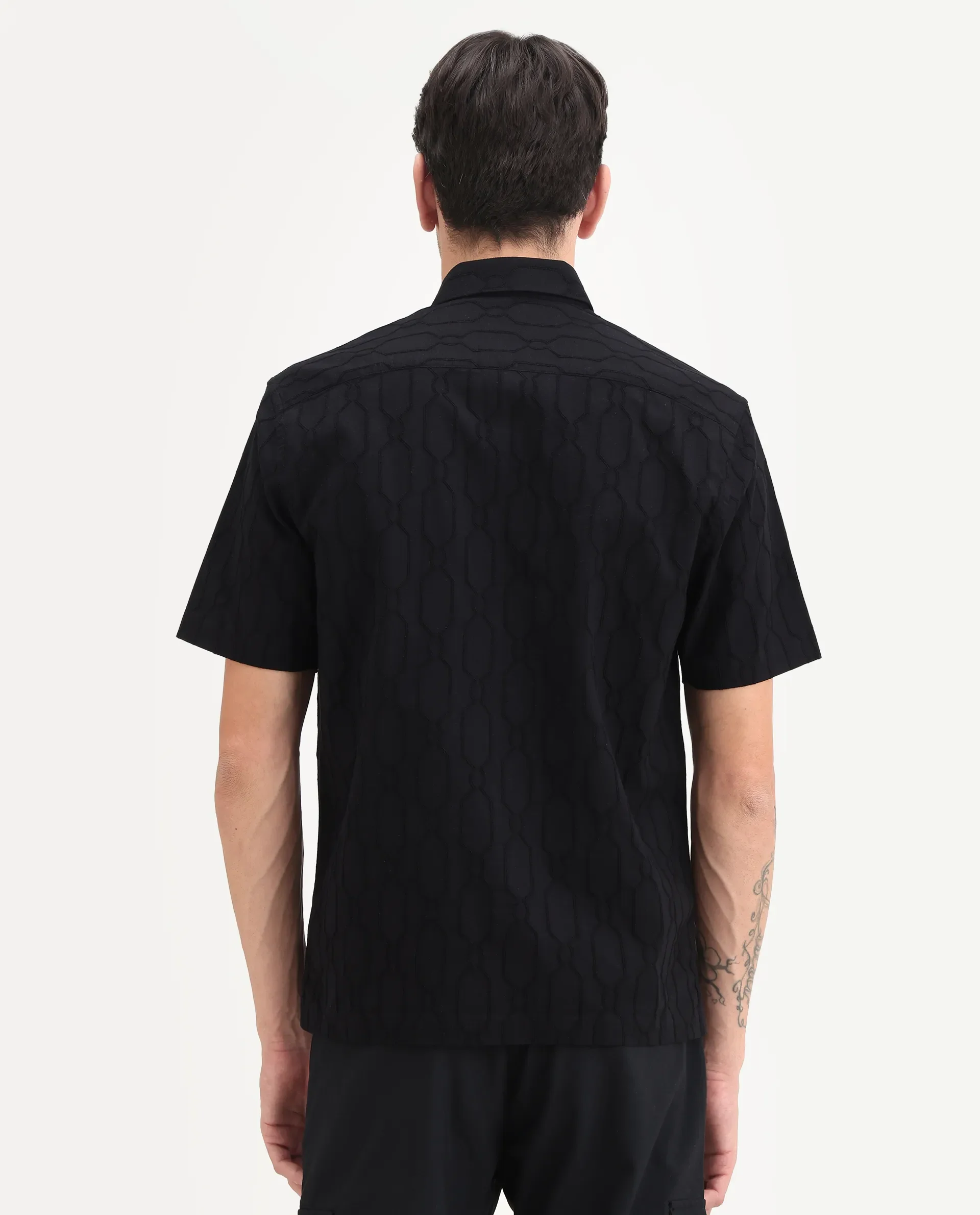 Rare Rabbit Men's Celle Black Cotton Blend Fabric Half Sleeve Spread Collar Regular Fit Shirt - Image 7