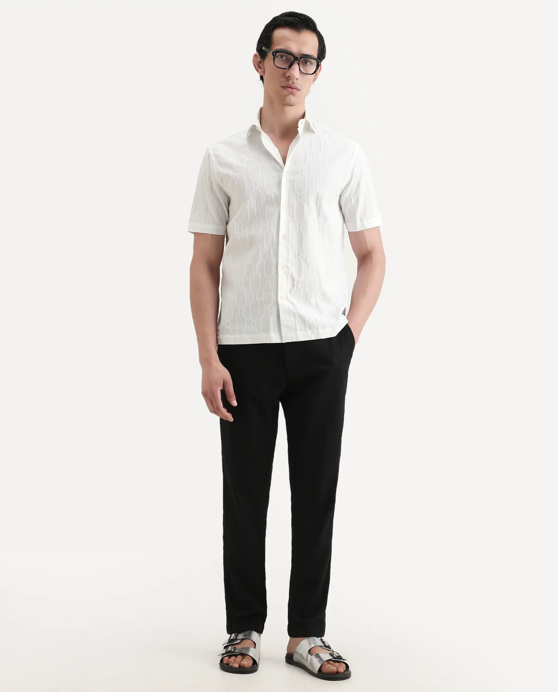 Rare Rabbit Men's Celle White Cotton Blend Fabric Half Sleeve Spread Collar Regular Fit Textured Shirt - Image 2