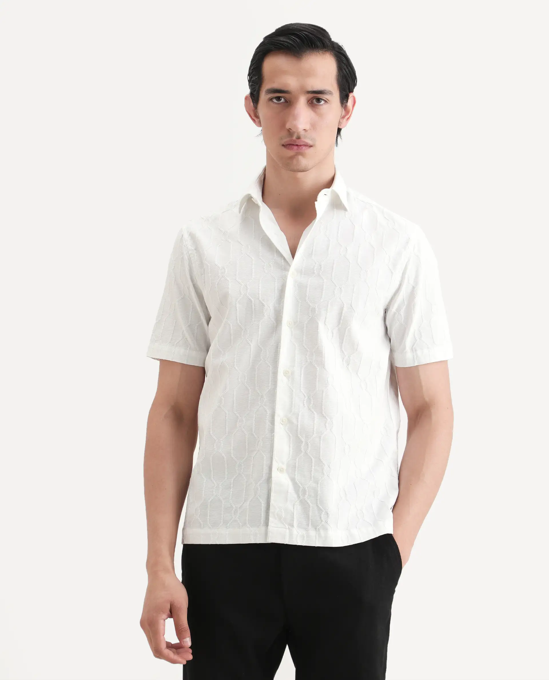 Rare Rabbit Men's Celle White Cotton Blend Fabric Half Sleeve Spread Collar Regular Fit Textured Shirt - Image 3
