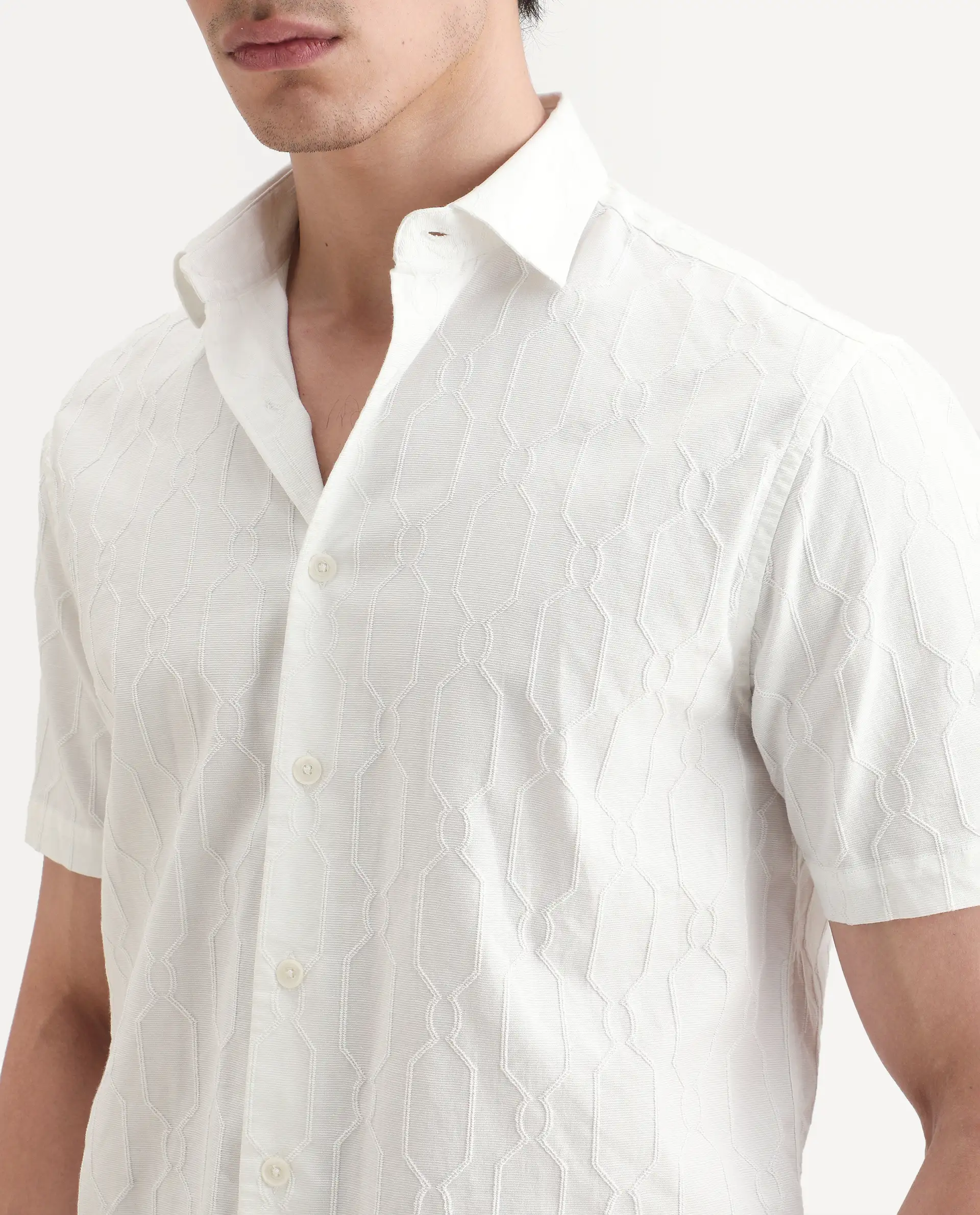 Rare Rabbit Men's Celle White Cotton Blend Fabric Half Sleeve Spread Collar Regular Fit Textured Shirt - Image 4