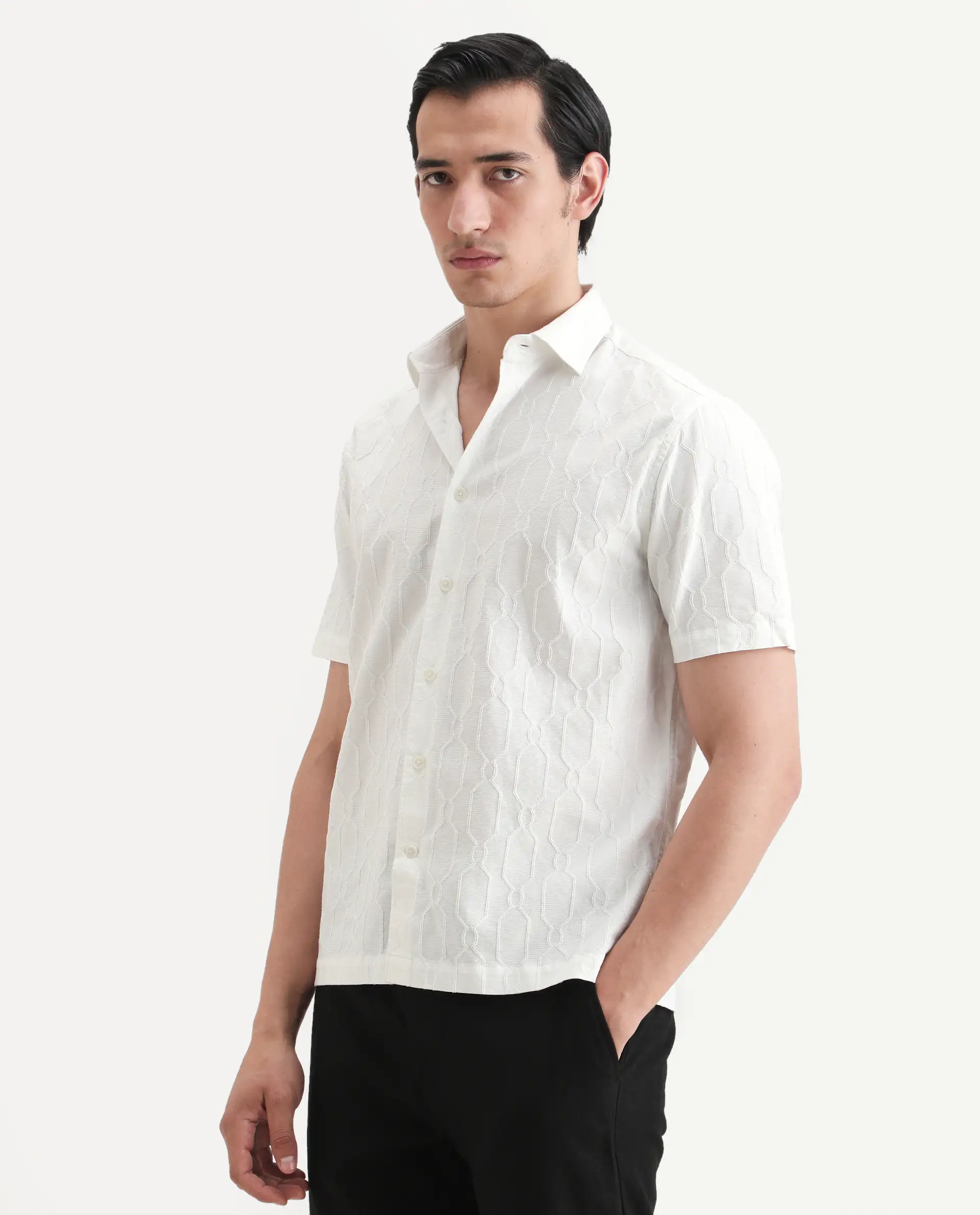 Rare Rabbit Men's Celle White Cotton Blend Fabric Half Sleeve Spread Collar Regular Fit Textured Shirt - Image 5