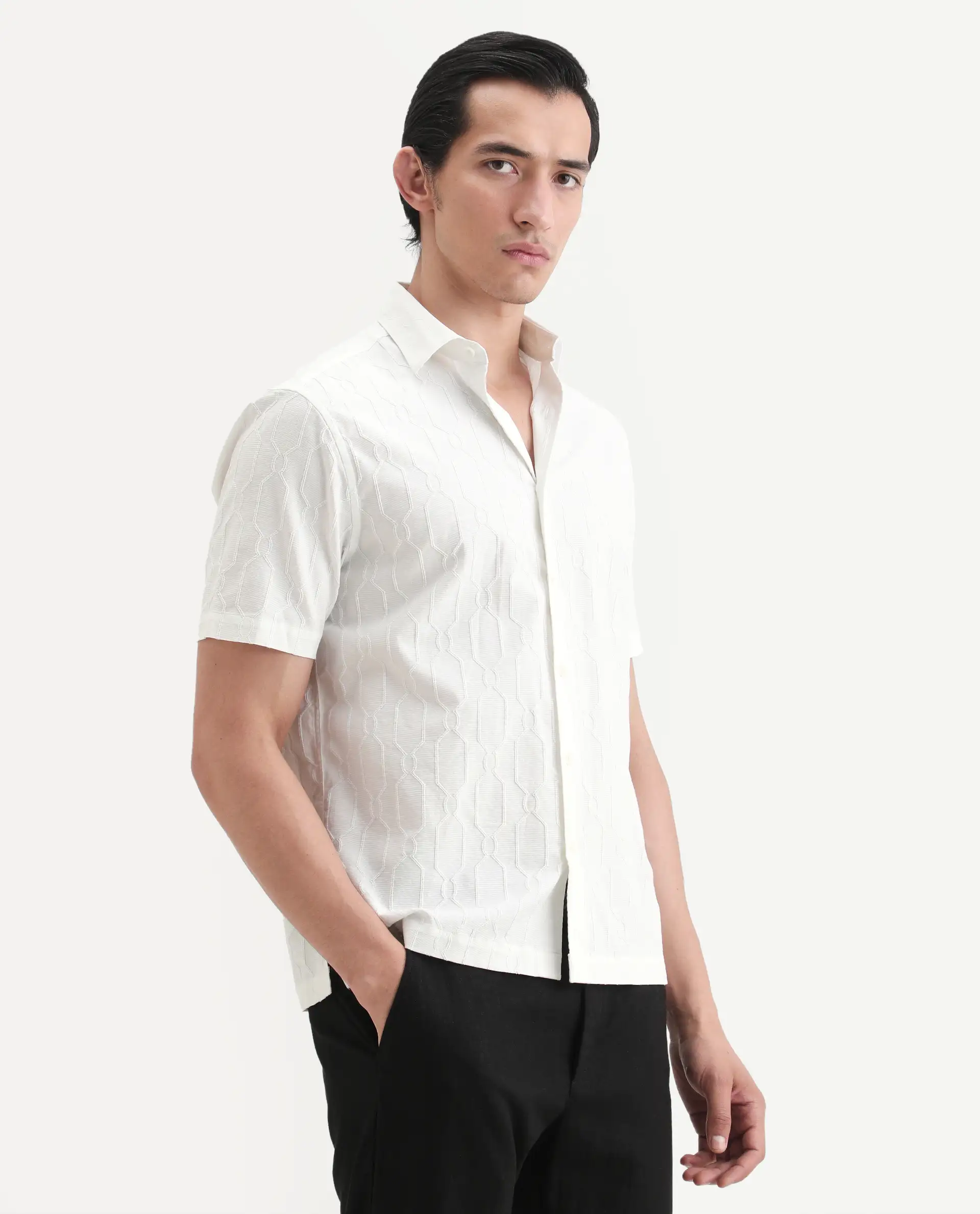 Rare Rabbit Men's Celle White Cotton Blend Fabric Half Sleeve Spread Collar Regular Fit Textured Shirt - Image 6