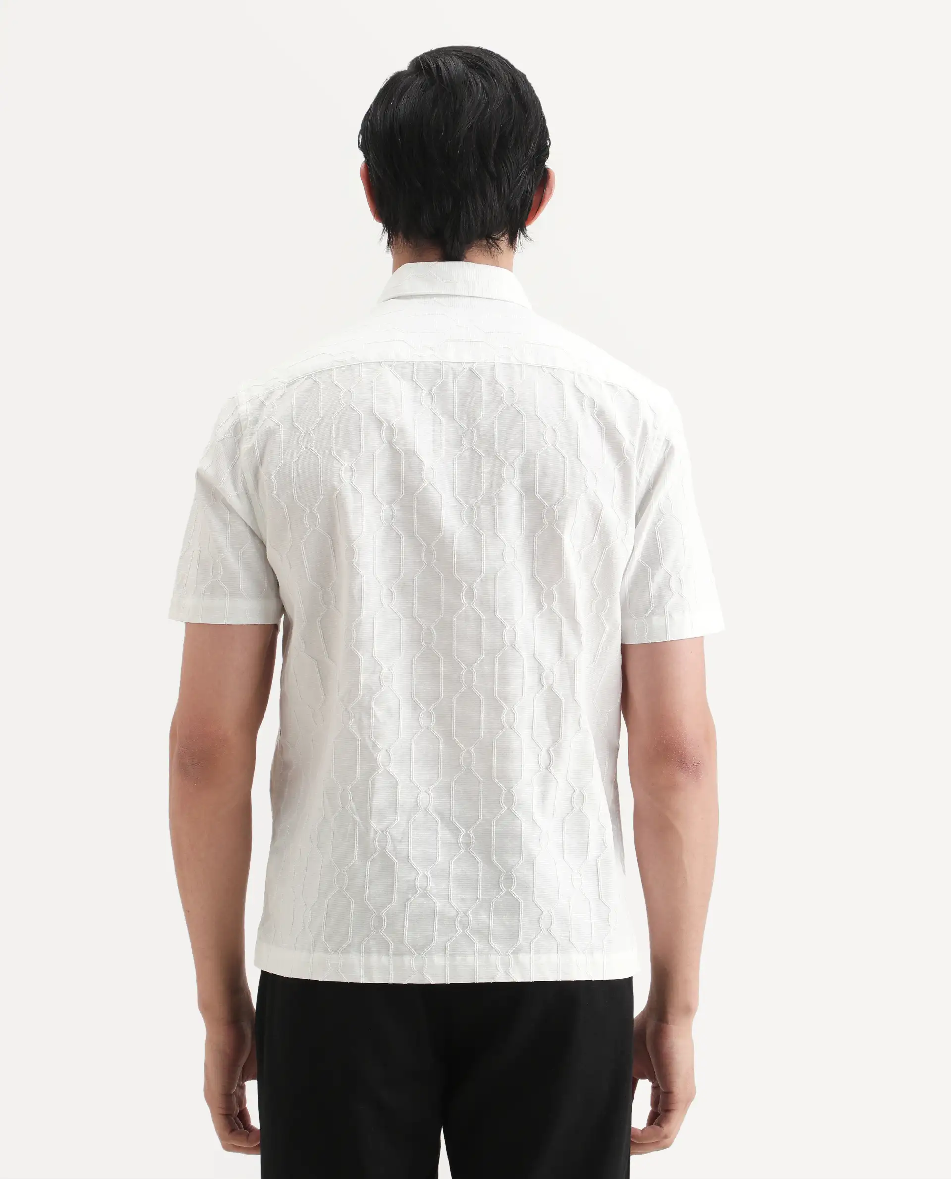 Rare Rabbit Men's Celle White Cotton Blend Fabric Half Sleeve Spread Collar Regular Fit Textured Shirt - Image 7