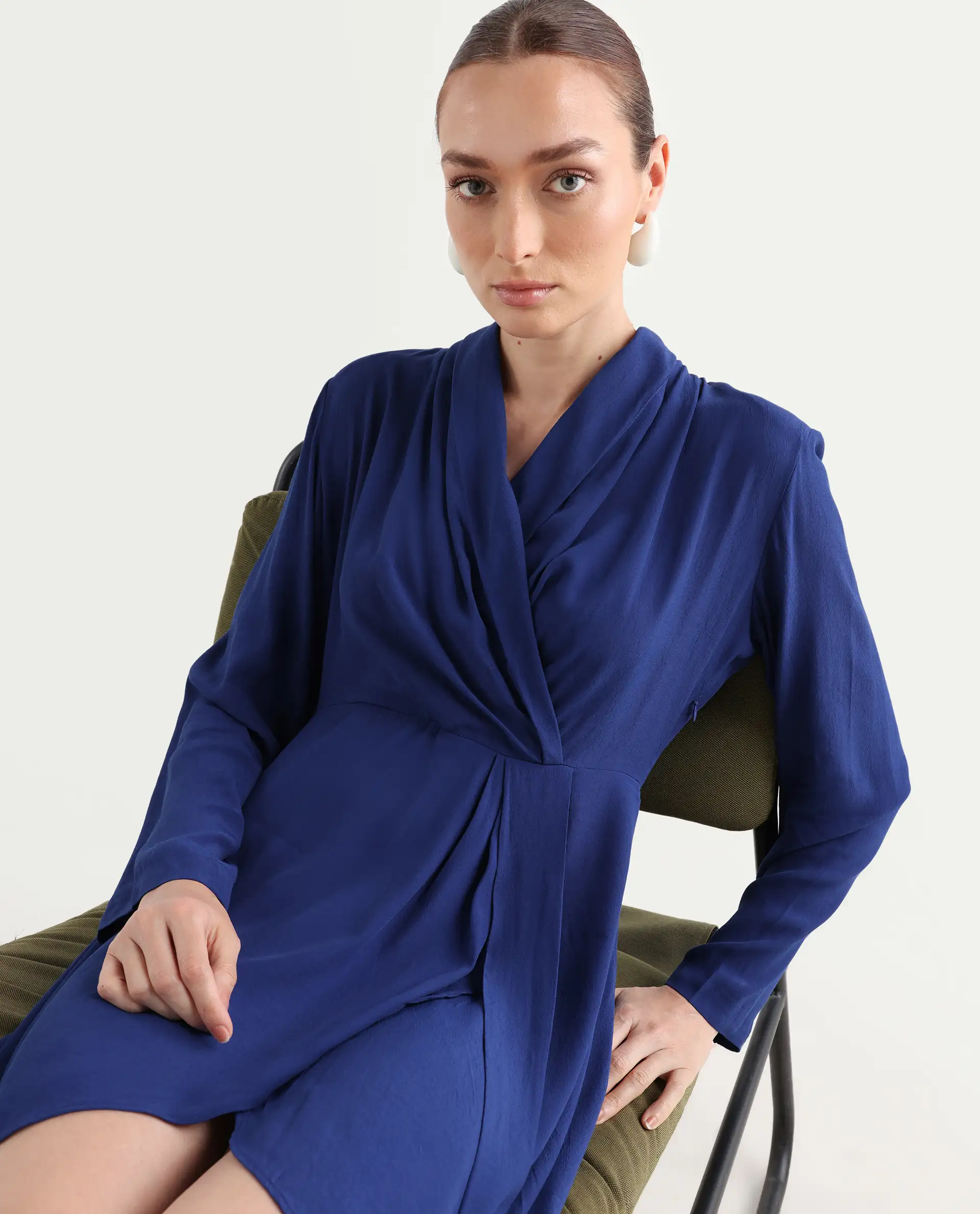 Rareism Women's Celler Flouroscent Blue Rayon Lapel Neck Plain Mini Wrap Dress - Image 2