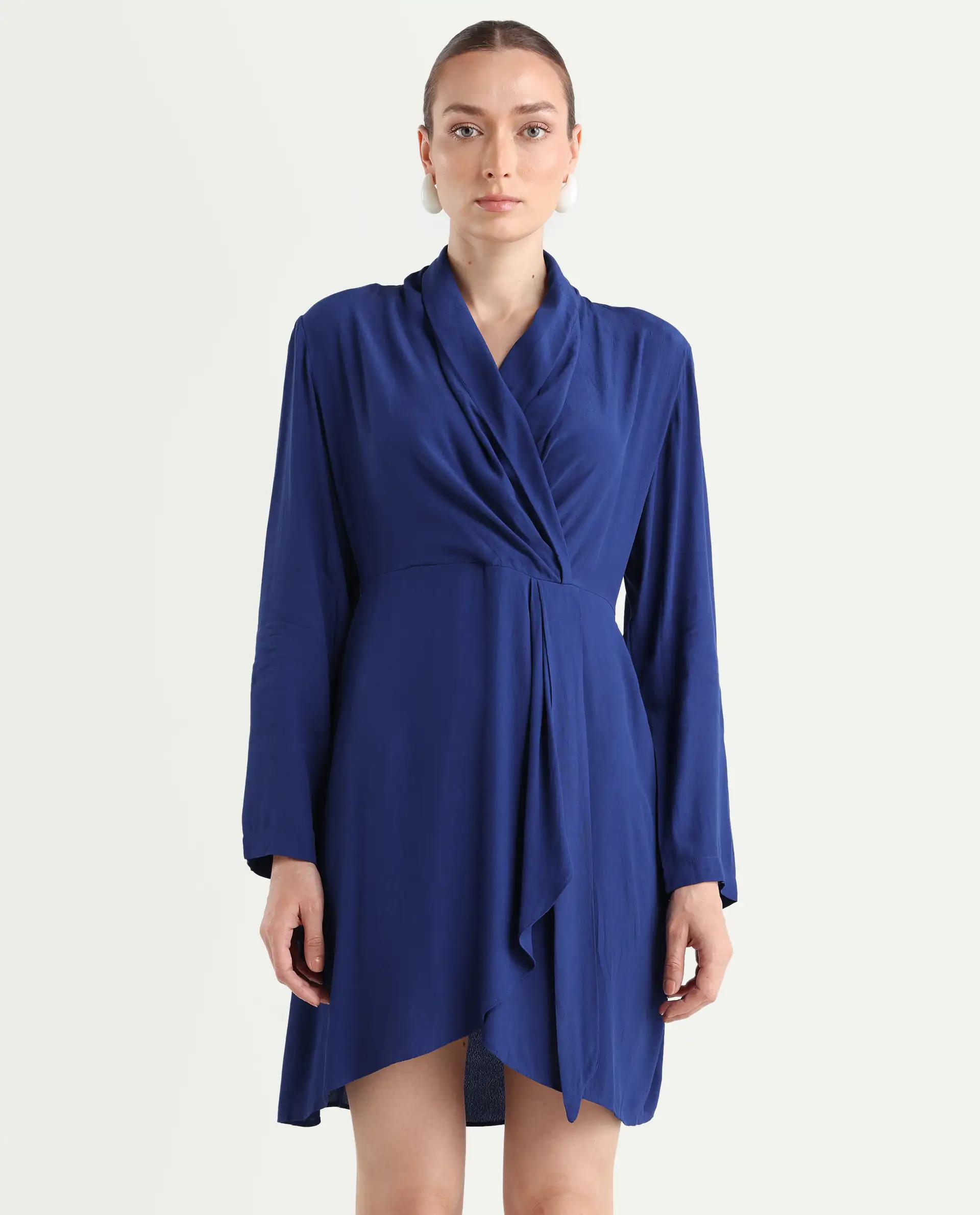 Rareism Women's Celler Flouroscent Blue Rayon Lapel Neck Plain Mini Wrap Dress - Image 3