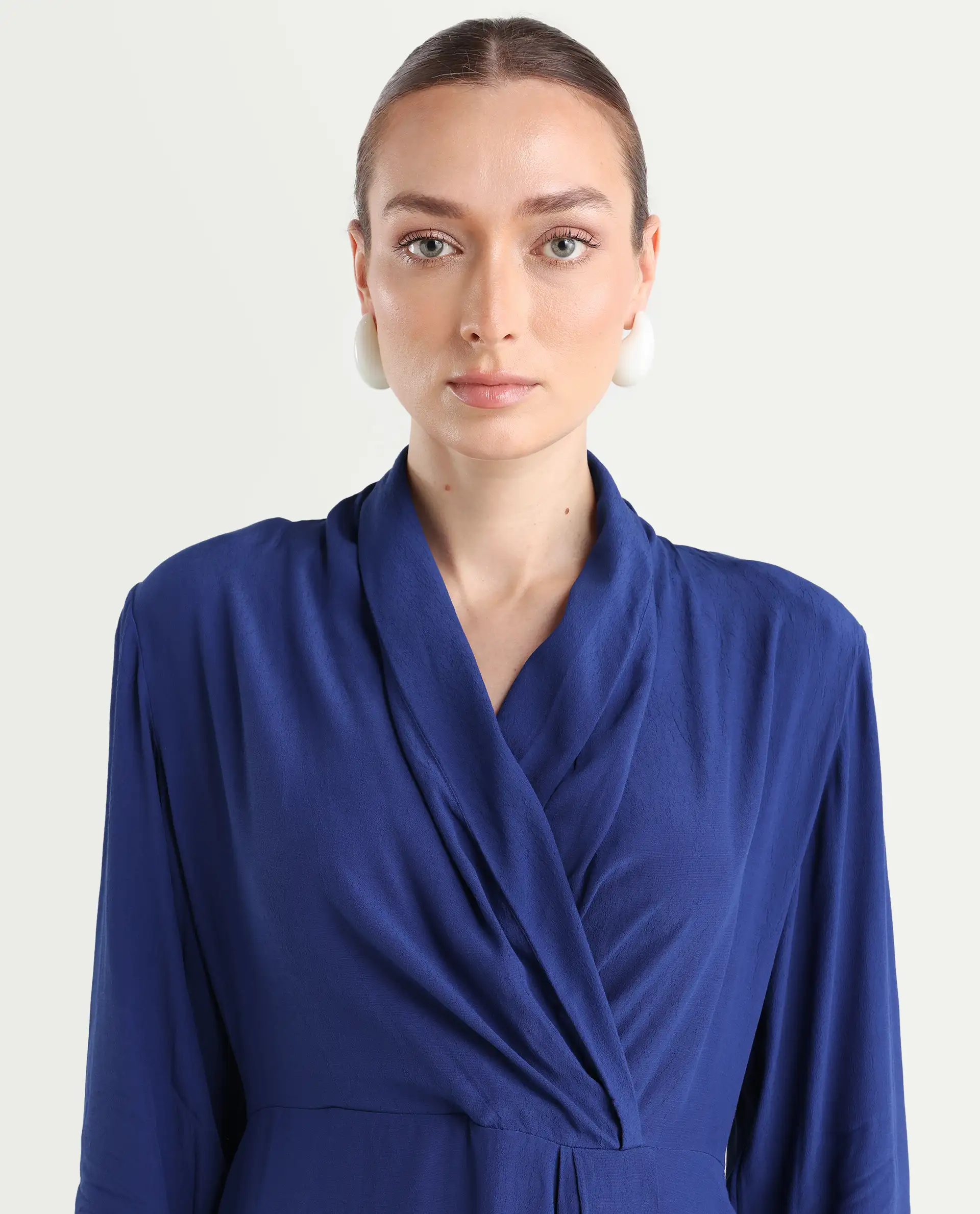 Rareism Women's Celler Flouroscent Blue Rayon Lapel Neck Plain Mini Wrap Dress - Image 4