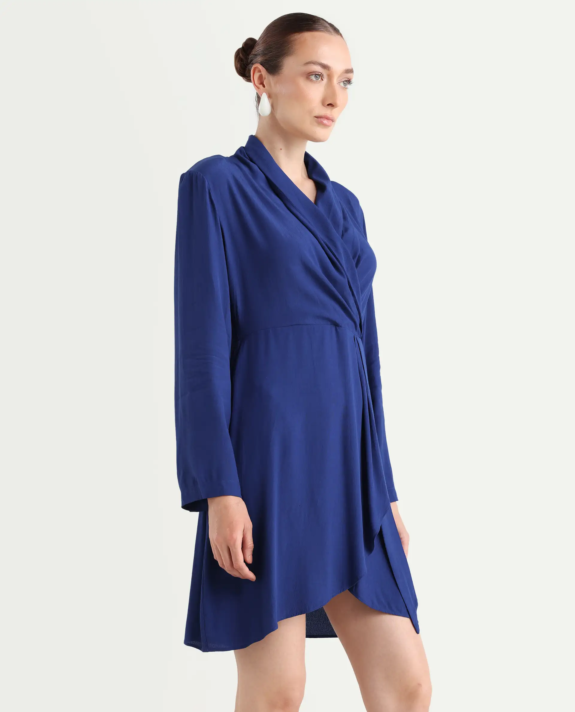 Rareism Women's Celler Flouroscent Blue Rayon Lapel Neck Plain Mini Wrap Dress - Image 5
