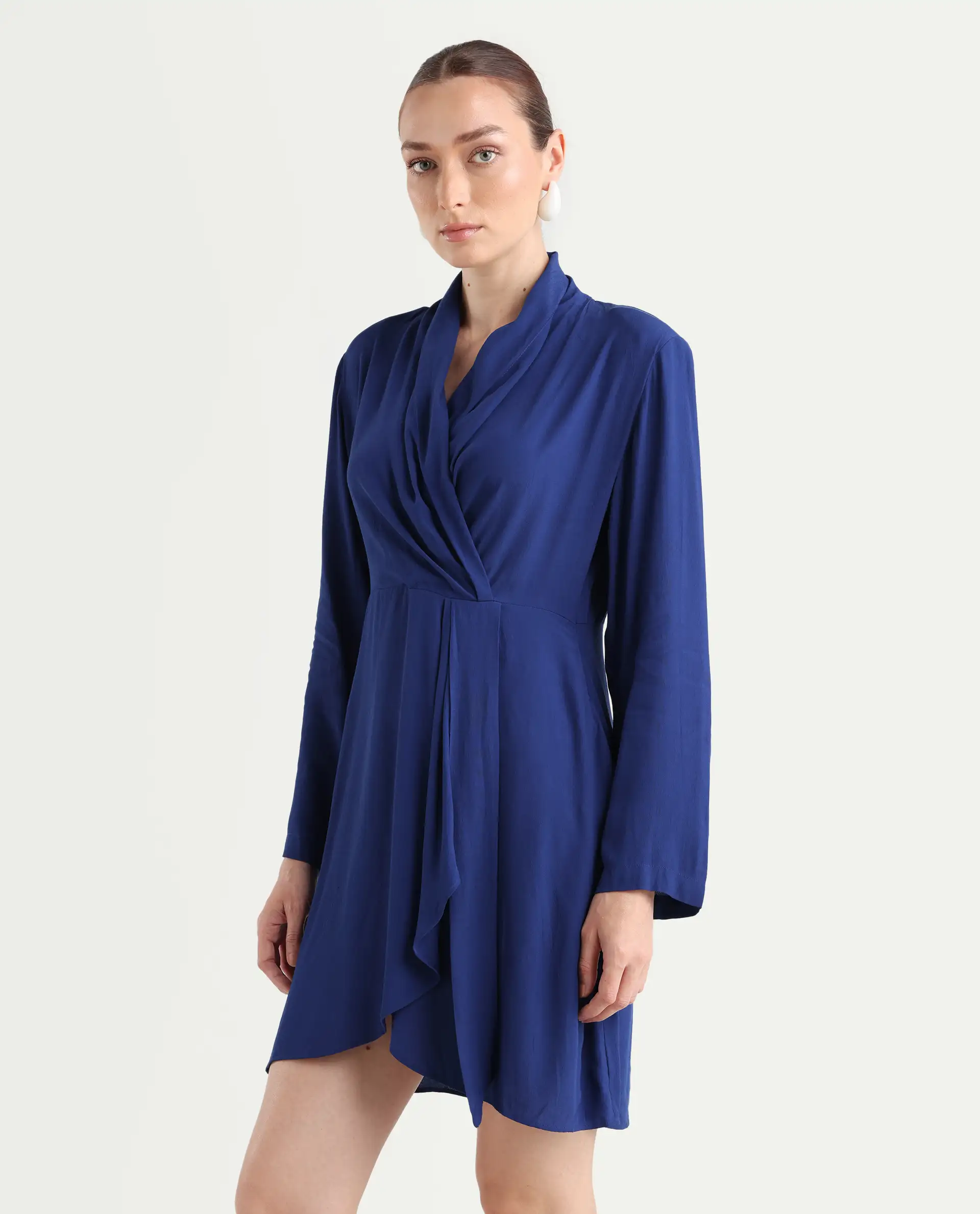 Rareism Women's Celler Flouroscent Blue Rayon Lapel Neck Plain Mini Wrap Dress - Image 6