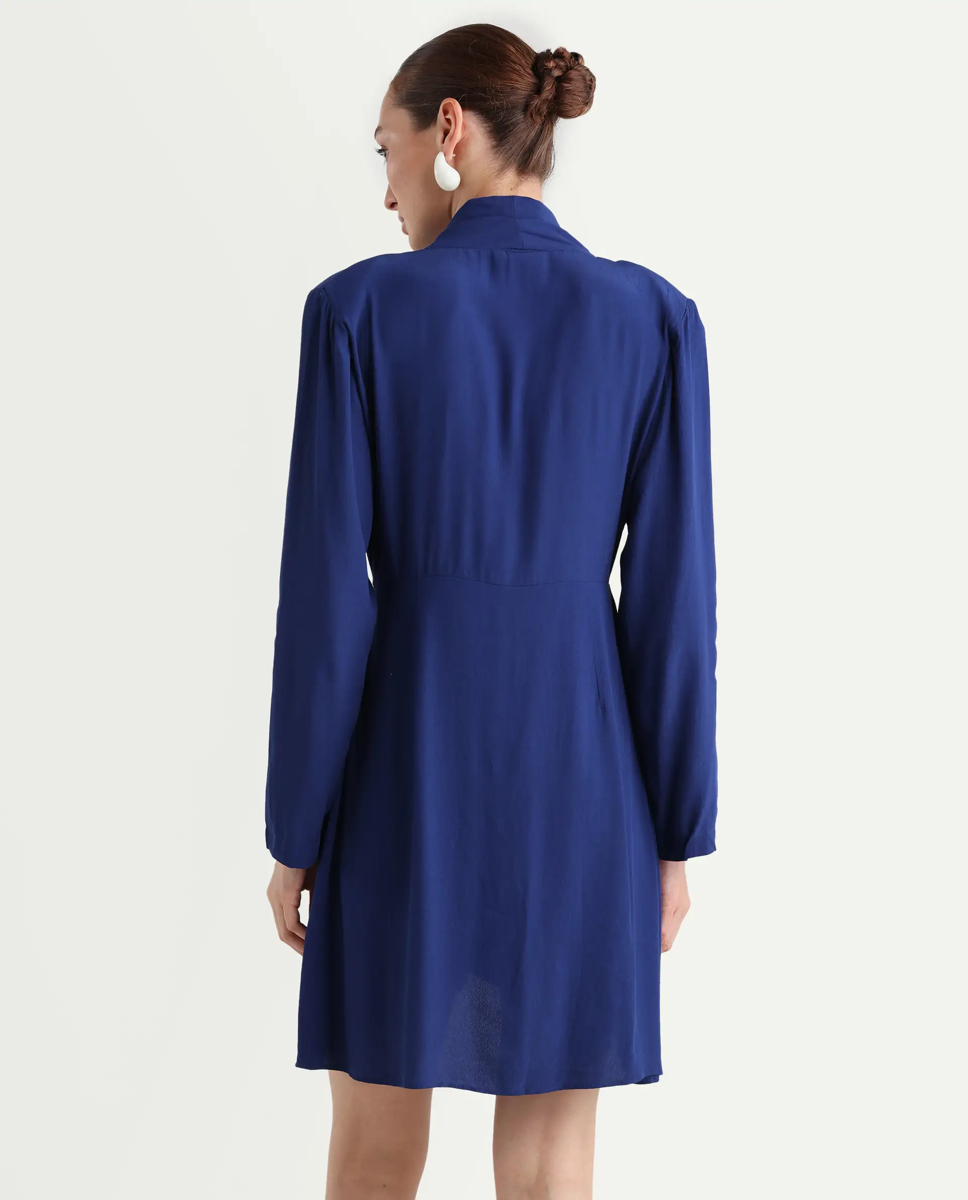 Rareism Women's Celler Flouroscent Blue Rayon Lapel Neck Plain Mini Wrap Dress - Image 7