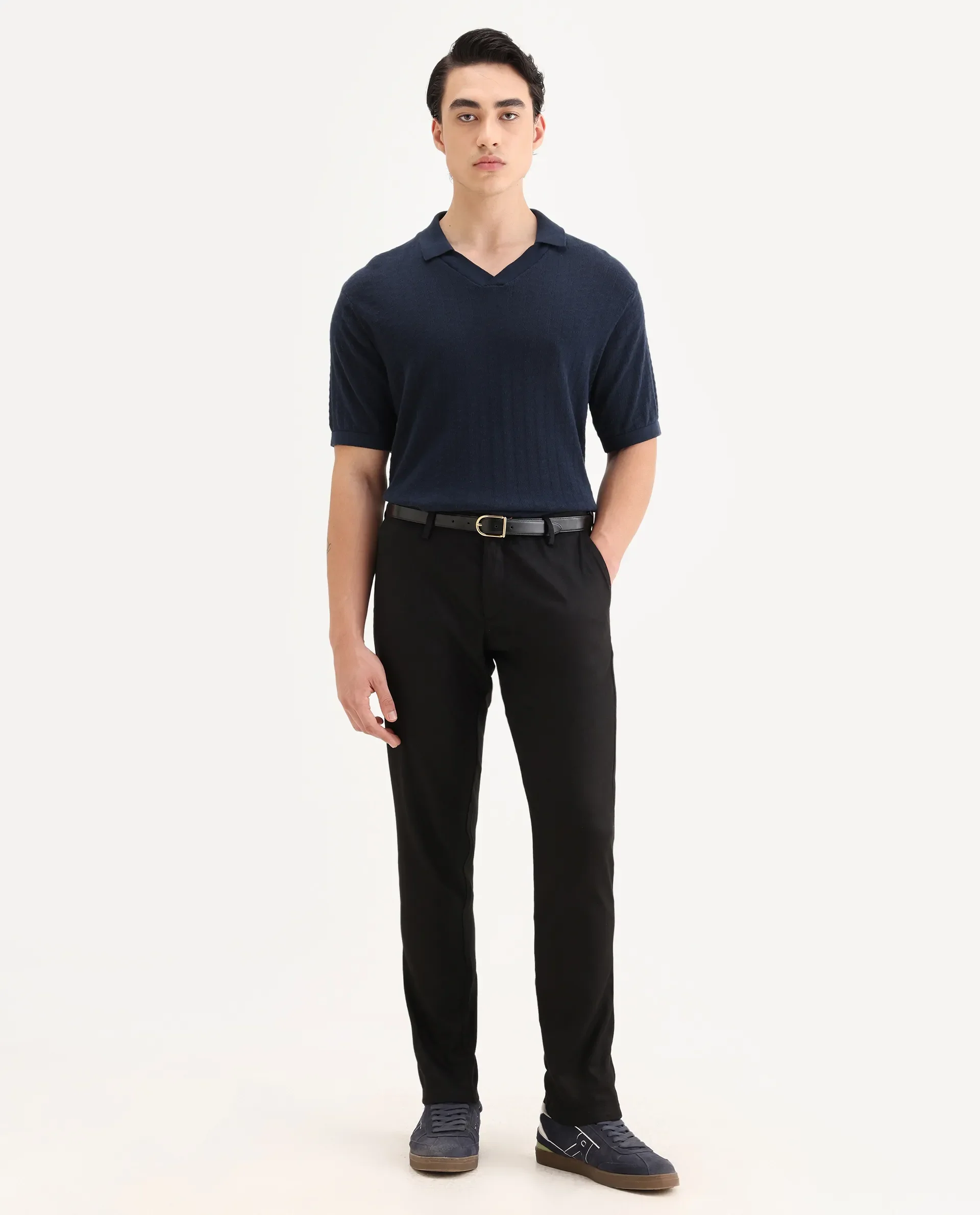Rare Rabbit Men's Cellular Black Cotton Plain Regular Fit Trouser