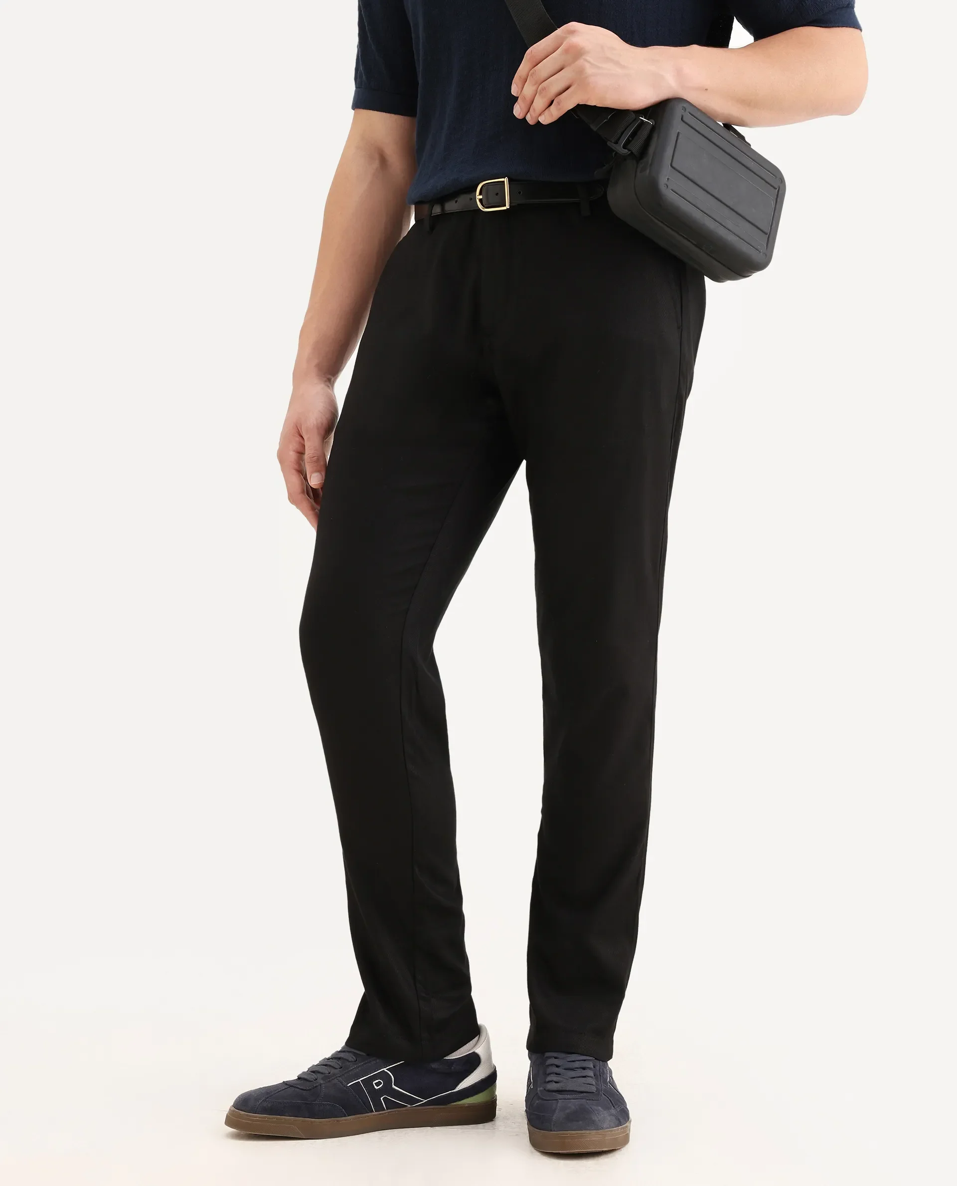 Rare Rabbit Men's Cellular Black Cotton Plain Regular Fit Trouser - Image 2