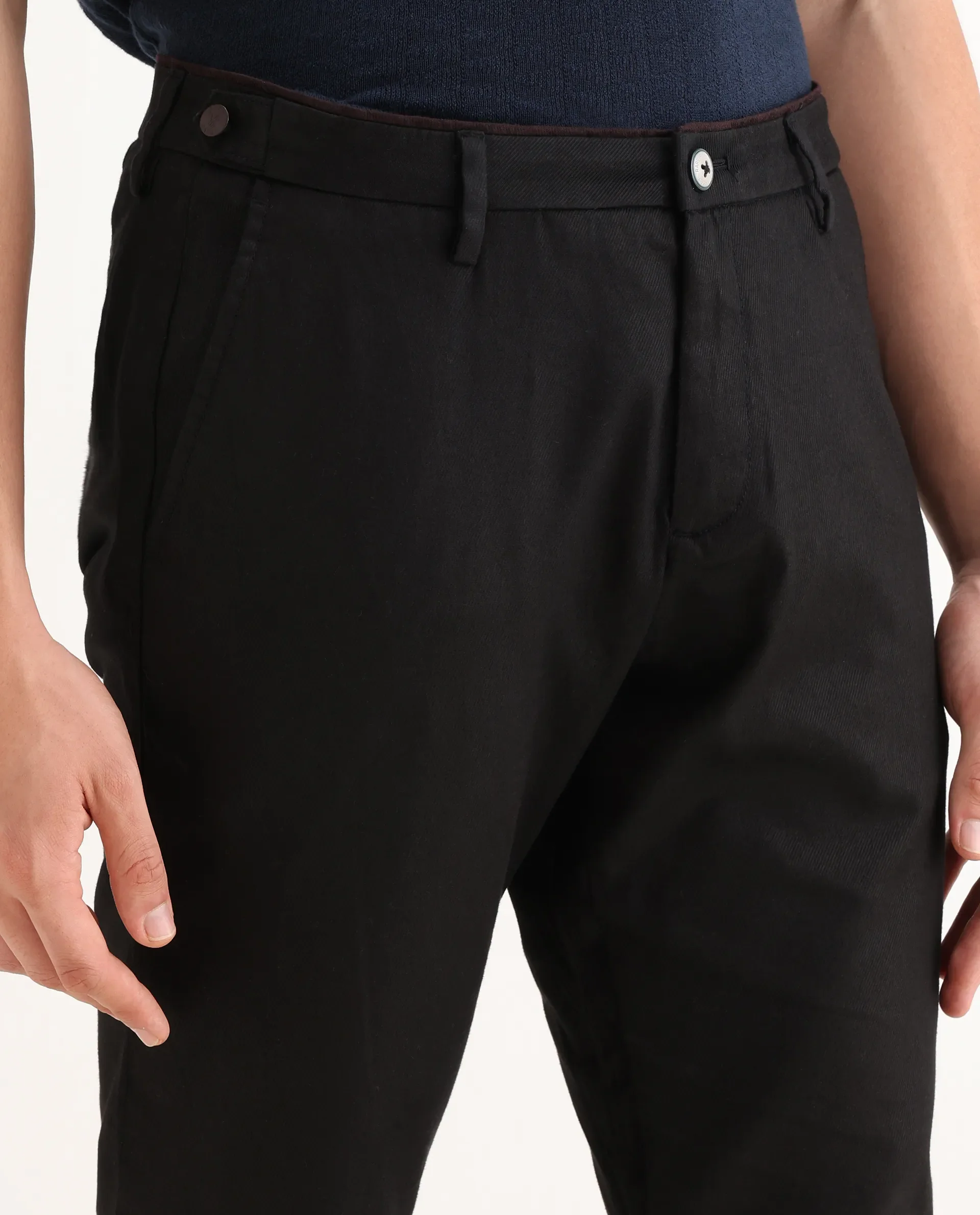 Rare Rabbit Men's Cellular Black Cotton Plain Regular Fit Trouser - Image 3