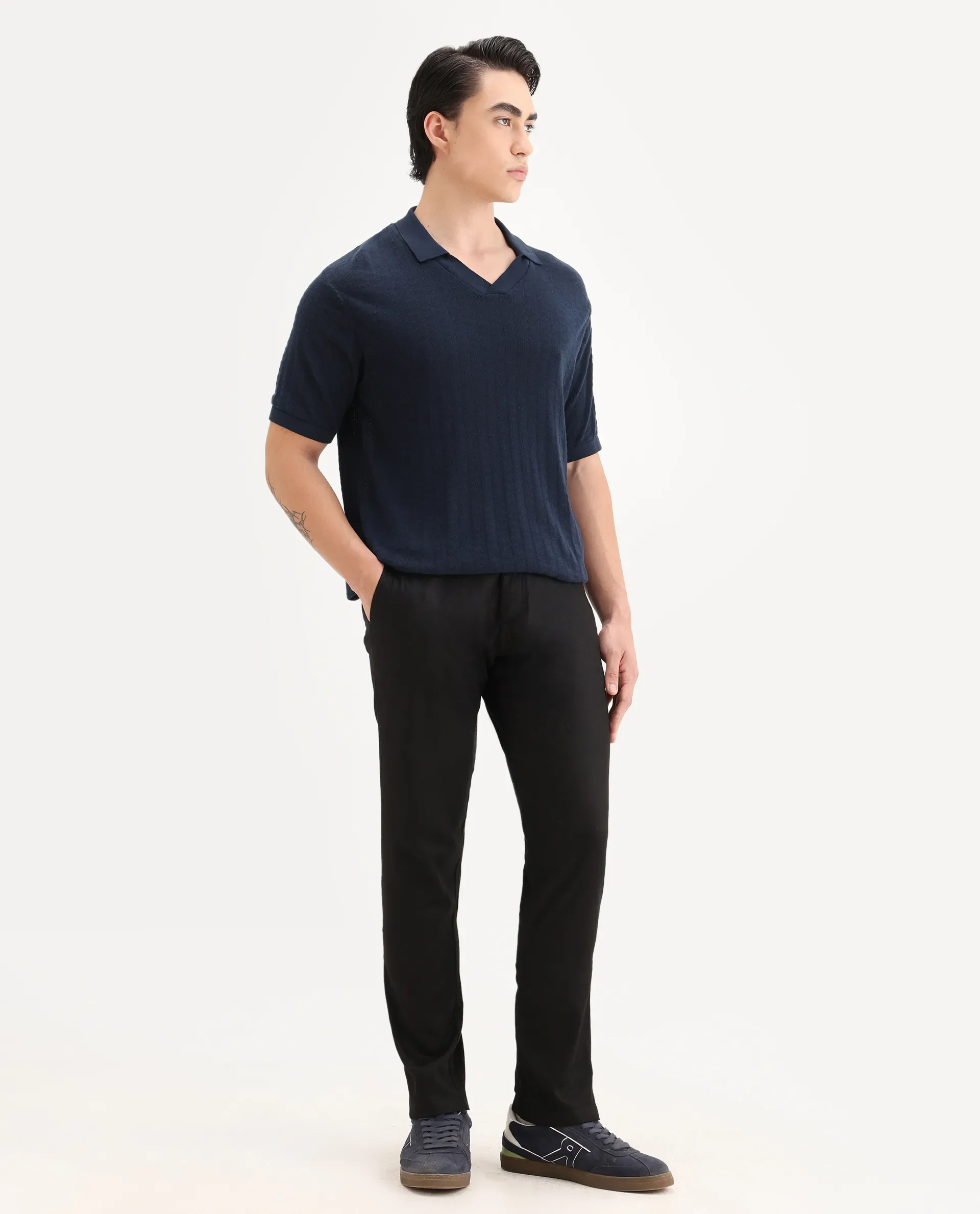 Rare Rabbit Men's Cellular Black Cotton Plain Regular Fit Trouser - Image 4