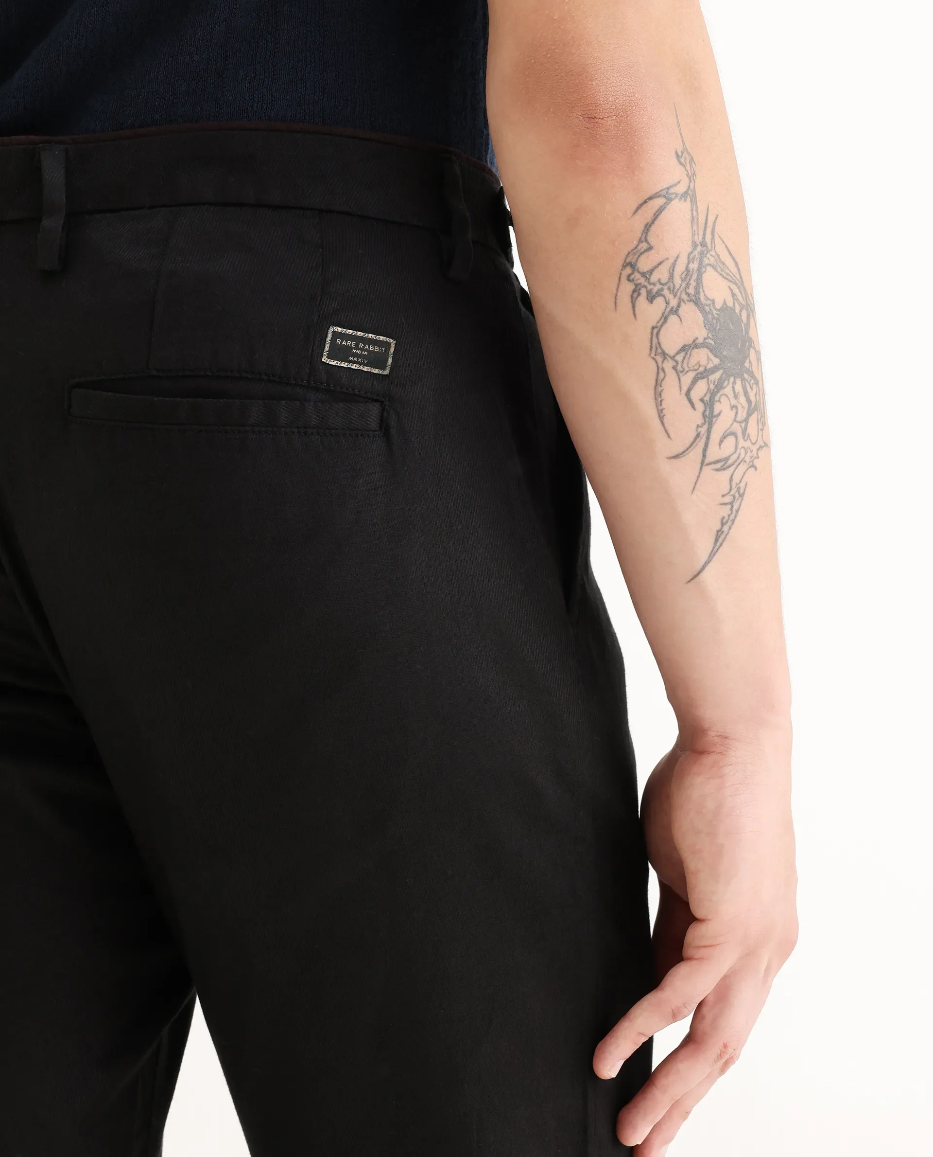 Rare Rabbit Men's Cellular Black Cotton Plain Regular Fit Trouser - Image 7