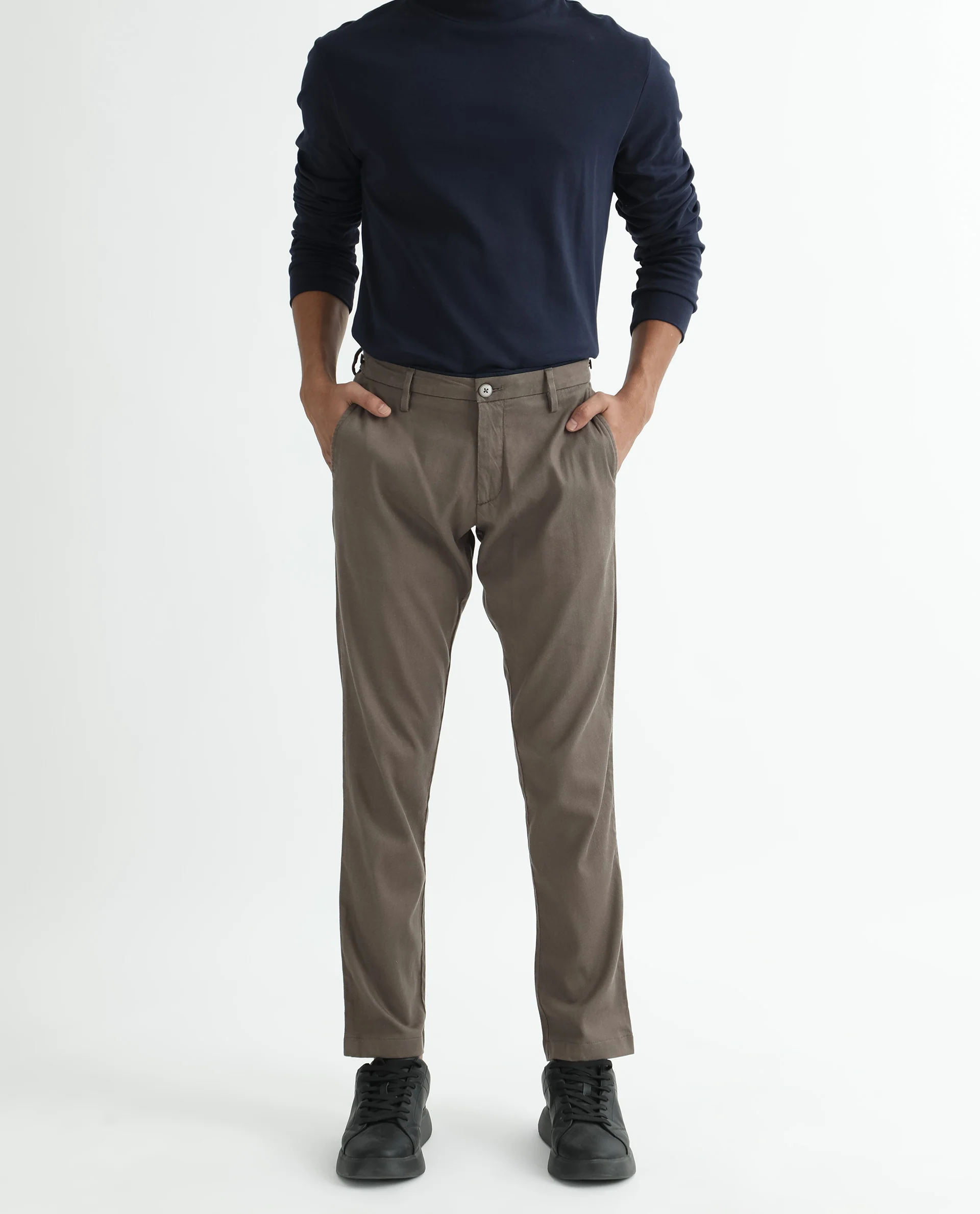 Rare Rabbit Men's Cellular Brown Cotton Plain Regular Fit Trouser
