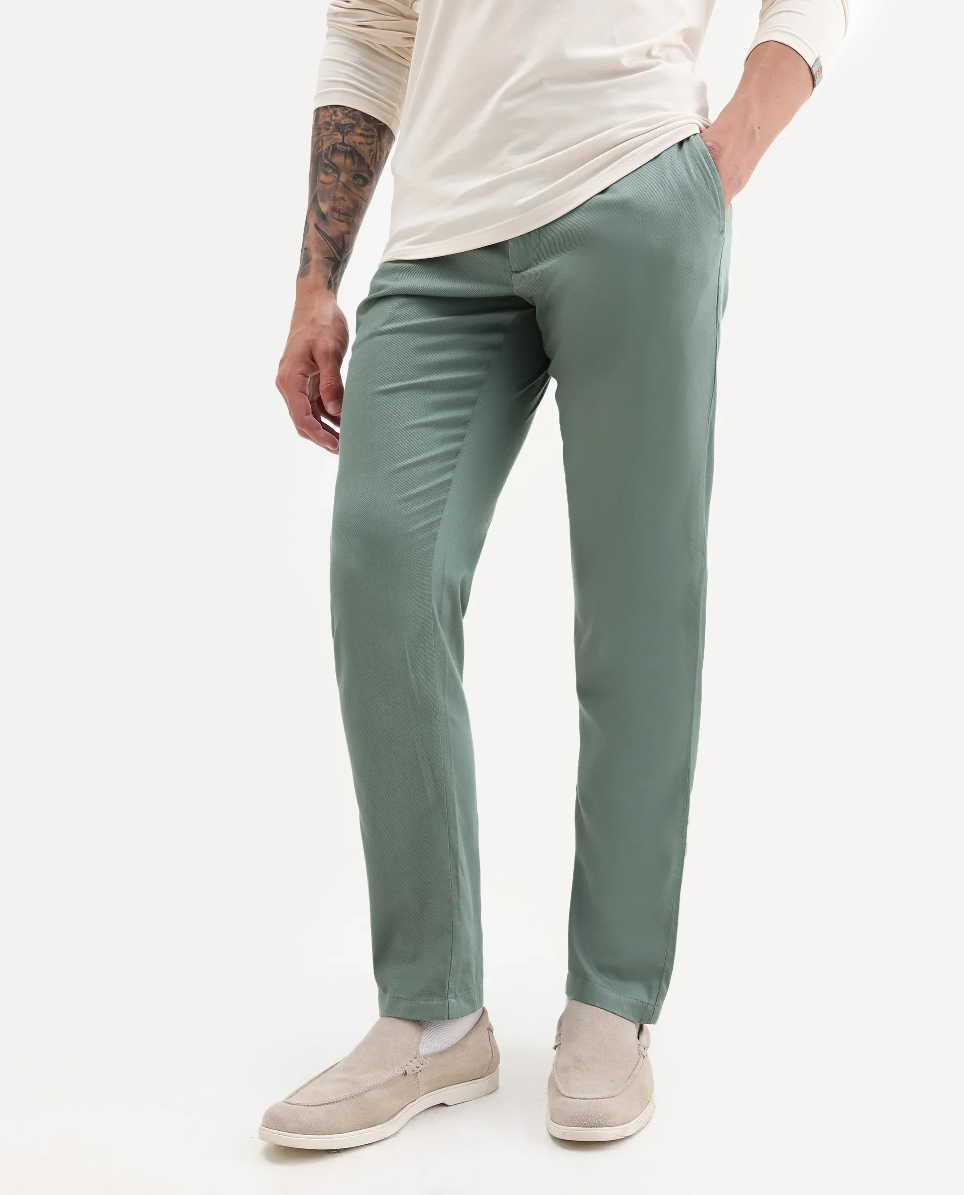 Rare Rabbit Men's Cellular Green Cotton Plain Regular Fit Trouser - Image 2