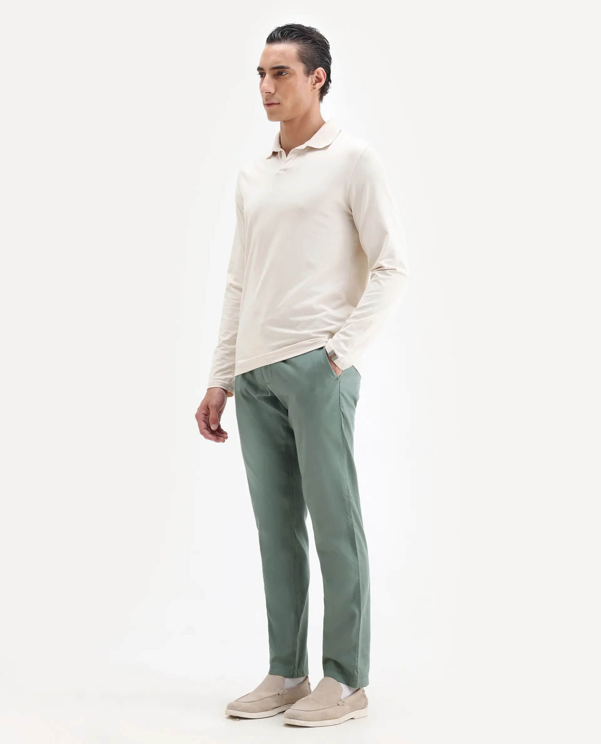 Rare Rabbit Men's Cellular Green Cotton Plain Regular Fit Trouser - Image 4