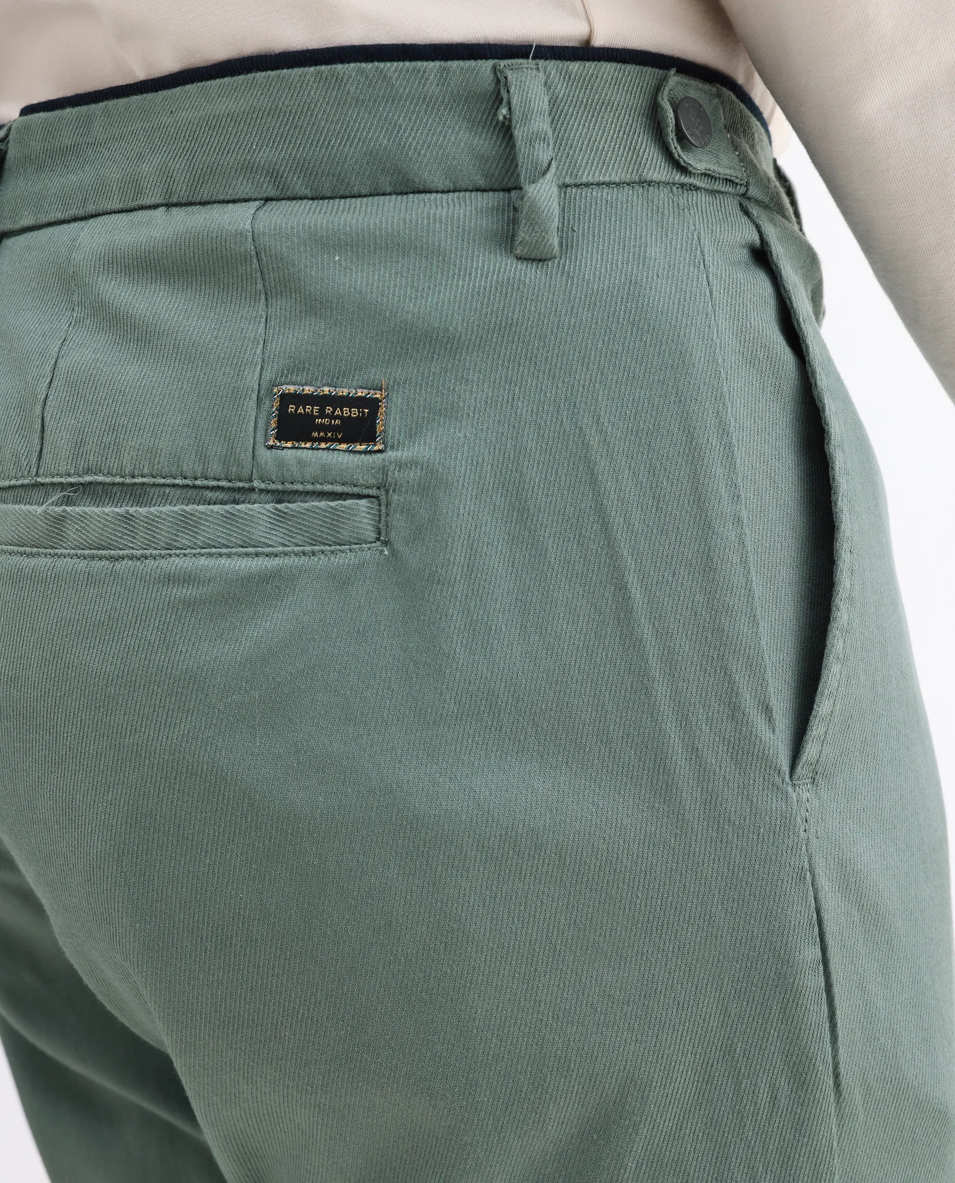 Rare Rabbit Men's Cellular Green Cotton Plain Regular Fit Trouser - Image 6