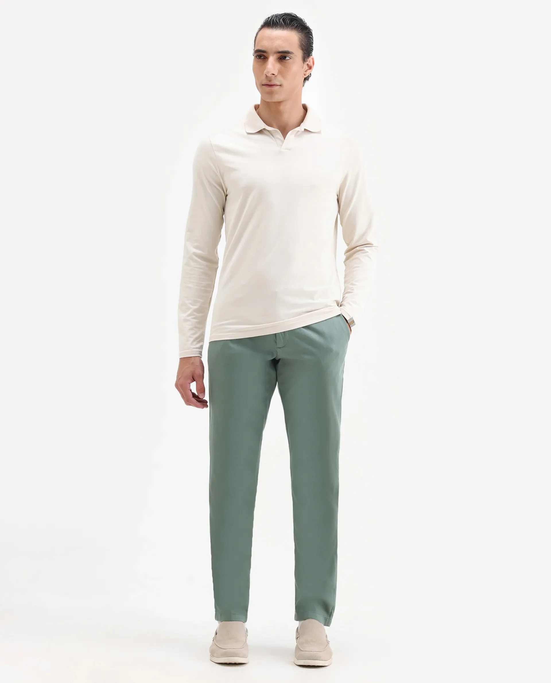 Rare Rabbit Men's Cellular Green Cotton Plain Regular Fit Trouser - Image 7