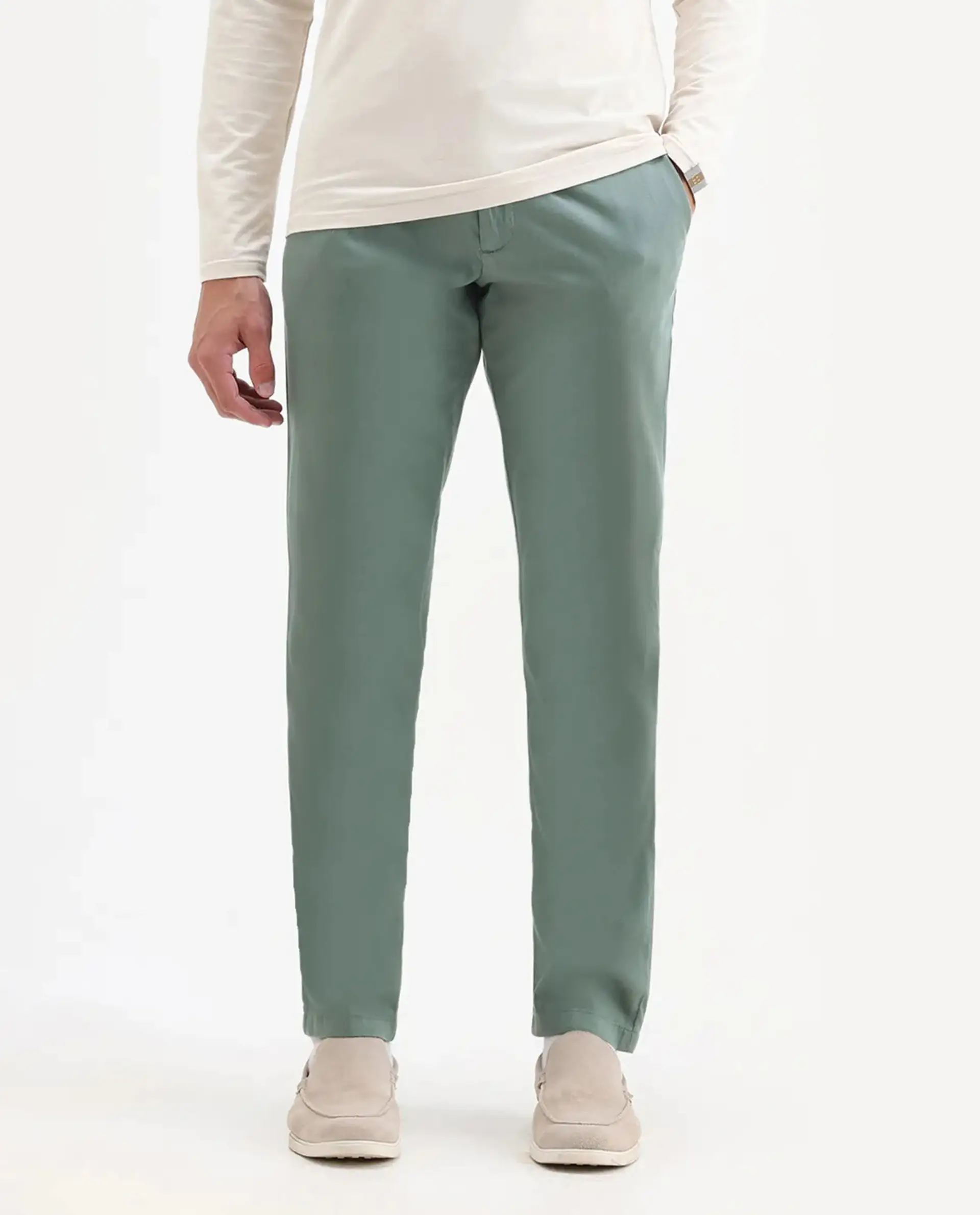 Rare Rabbit Men's Cellular Green Cotton Plain Regular Fit Trouser - Image 9
