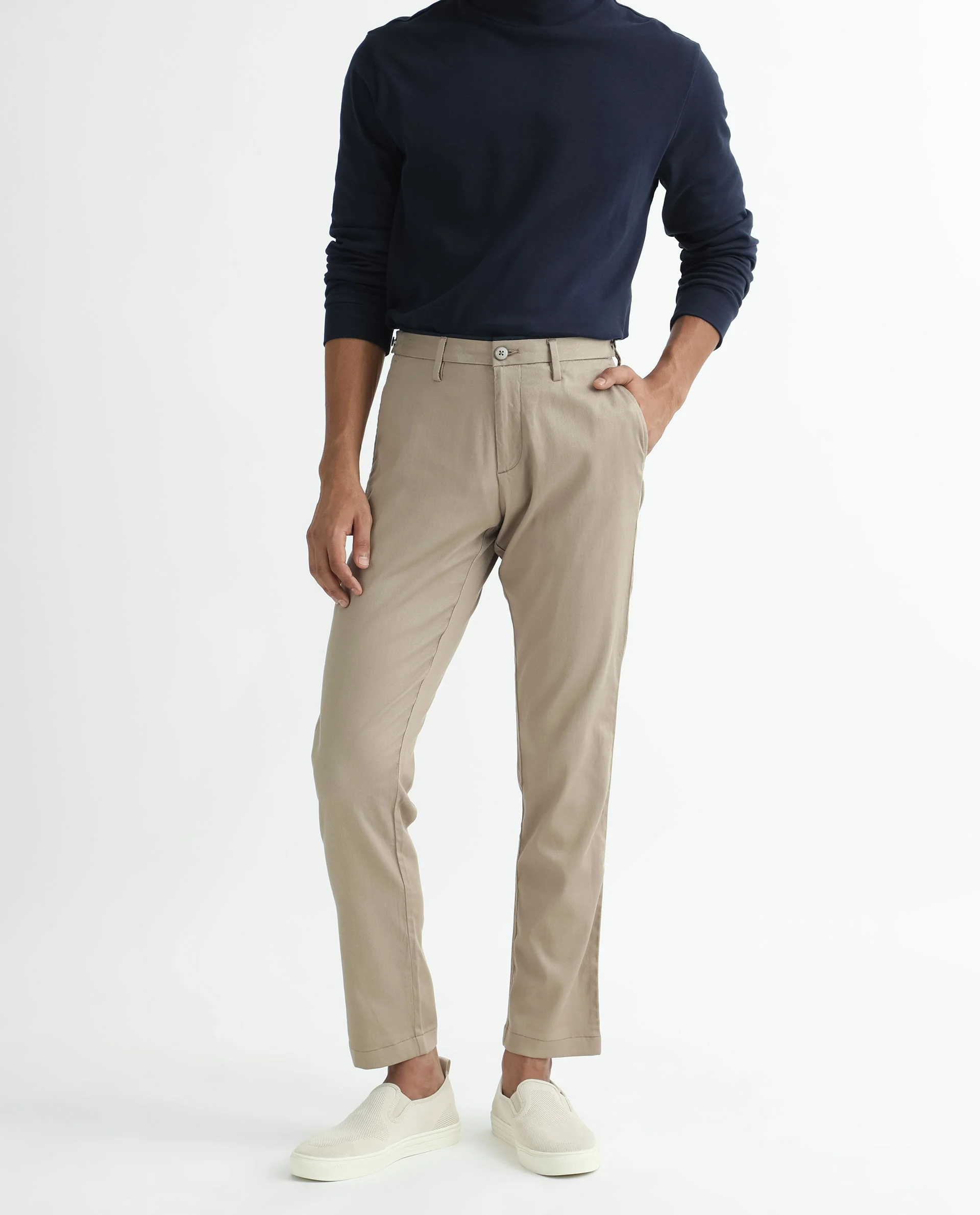 Rare Rabbit Men's Cellular Khaki Cotton Plain Regular Fit Trouser