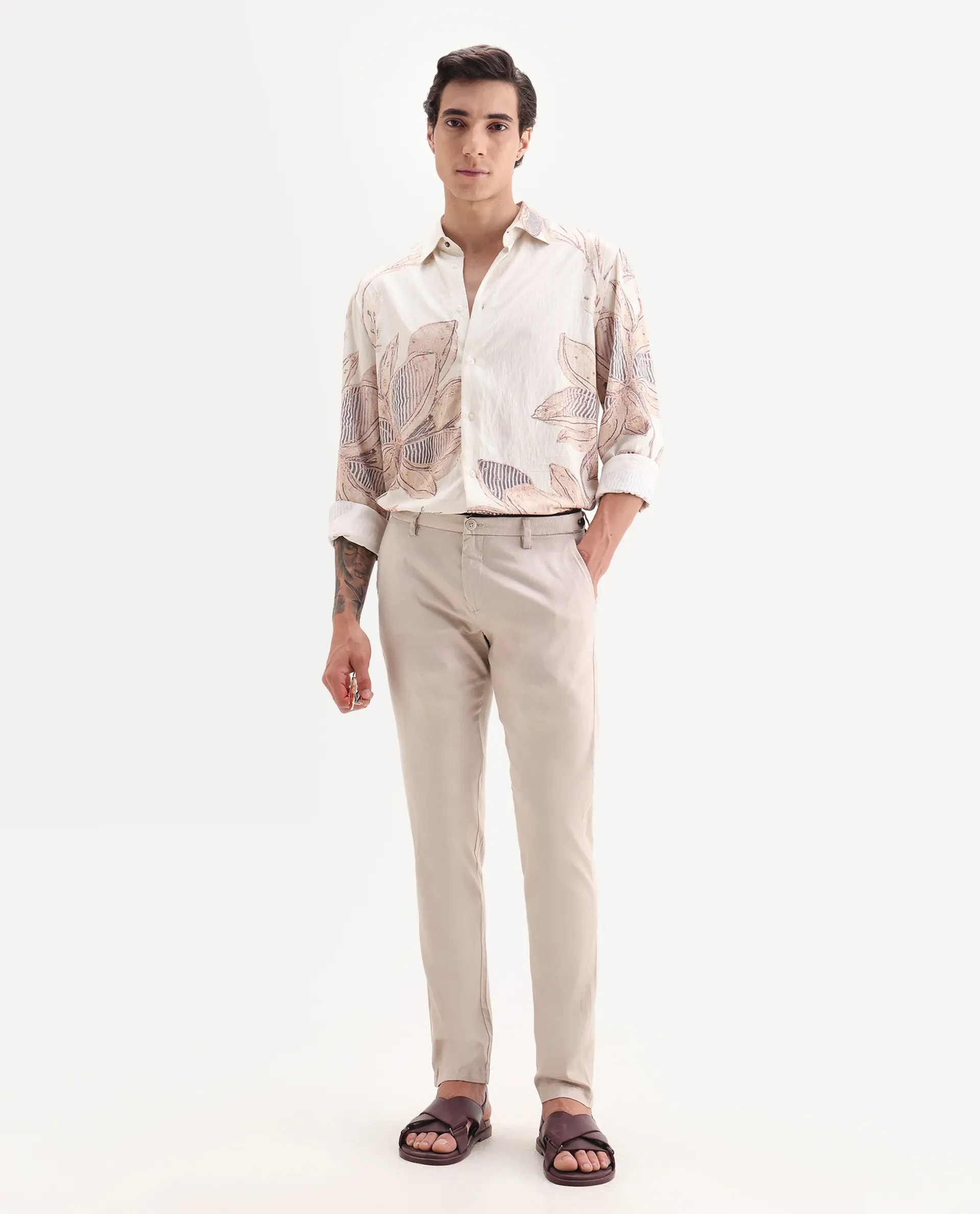 Rare Rabbit Men's Cellular Light Pink Cotton Plain Regular Fit Trouser