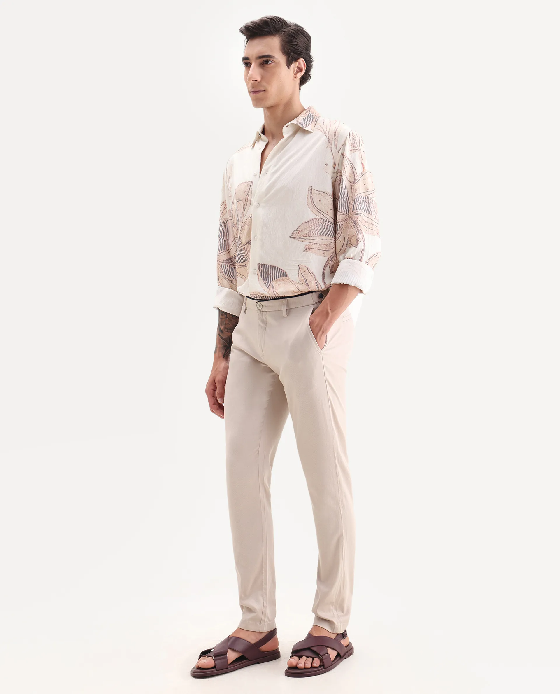 Rare Rabbit Men's Cellular Light Pink Cotton Plain Regular Fit Trouser - Image 4